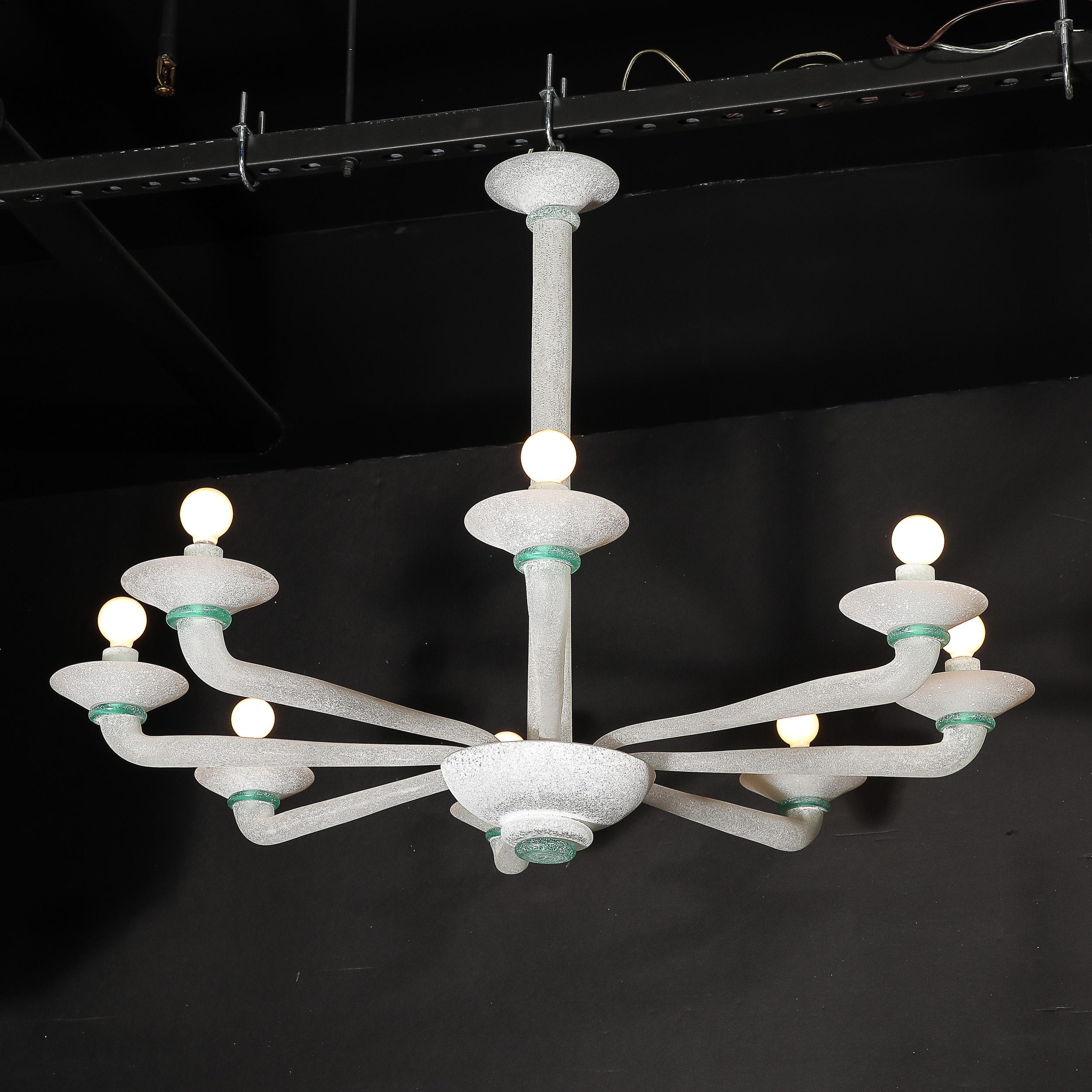 Mid-Century 8-Arm Handblown White & Jade Murano Scavo Glass Chandelier by Seguso In Excellent Condition For Sale In New York, NY