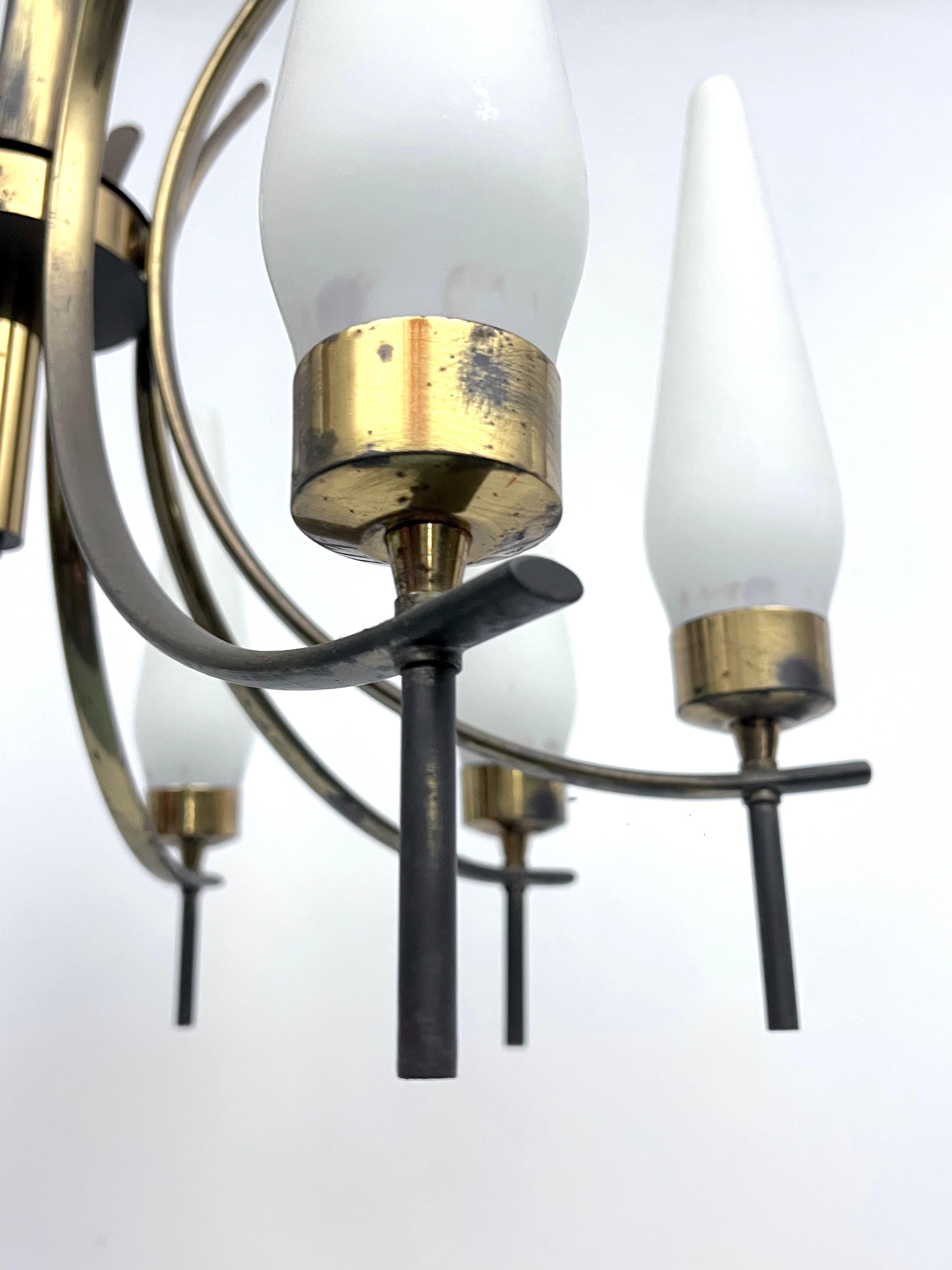 Brass Mid-Century 8 lights brass and opaline glass chandelier. Italy 1950s For Sale
