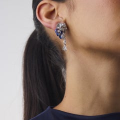 Pendientes de platino con diamantes y zafiros sintéticos de 8,00 quilates, estilo «Mid Century»