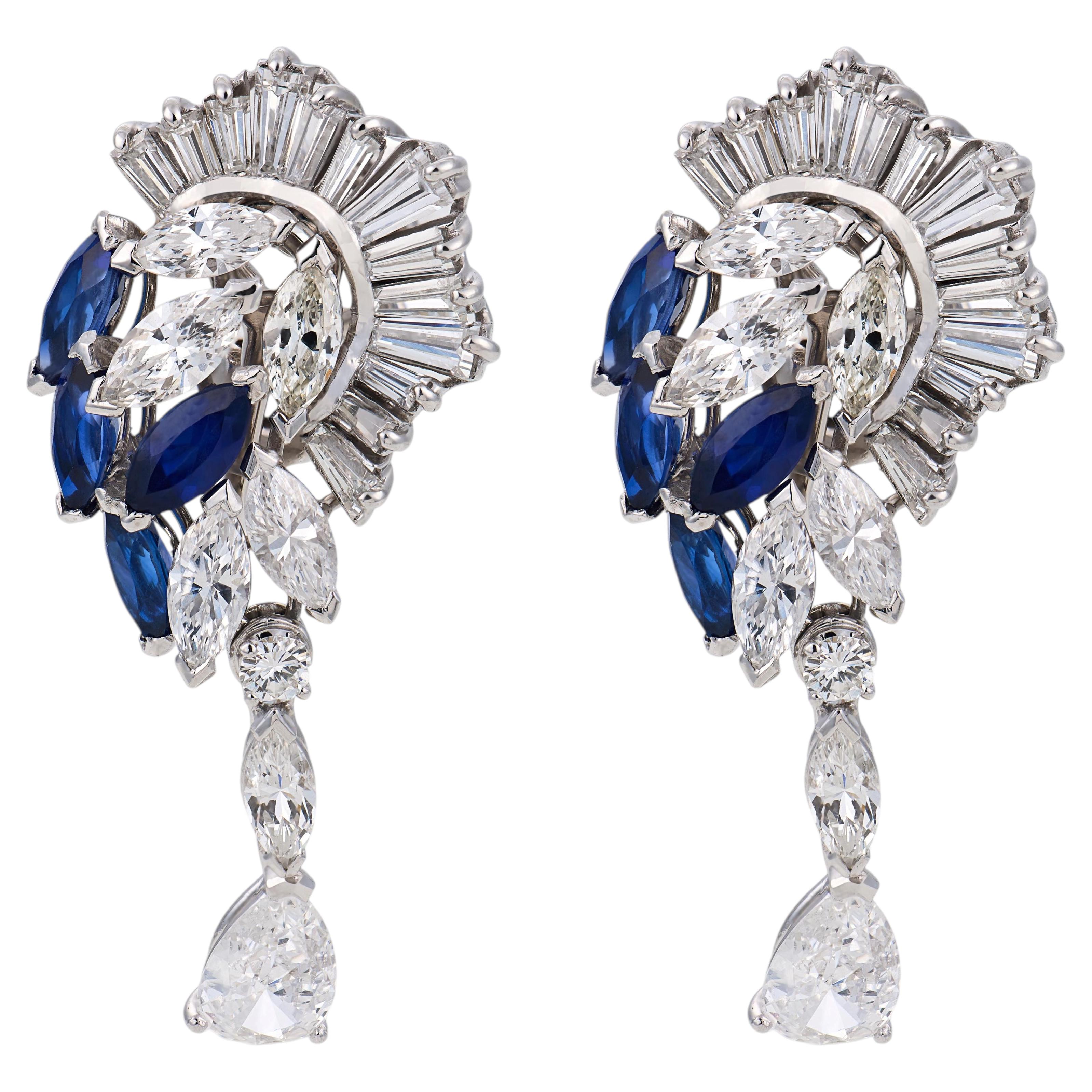 Mid Century 8.00 carat diamond synthetic sapphire diamond platinum earrings