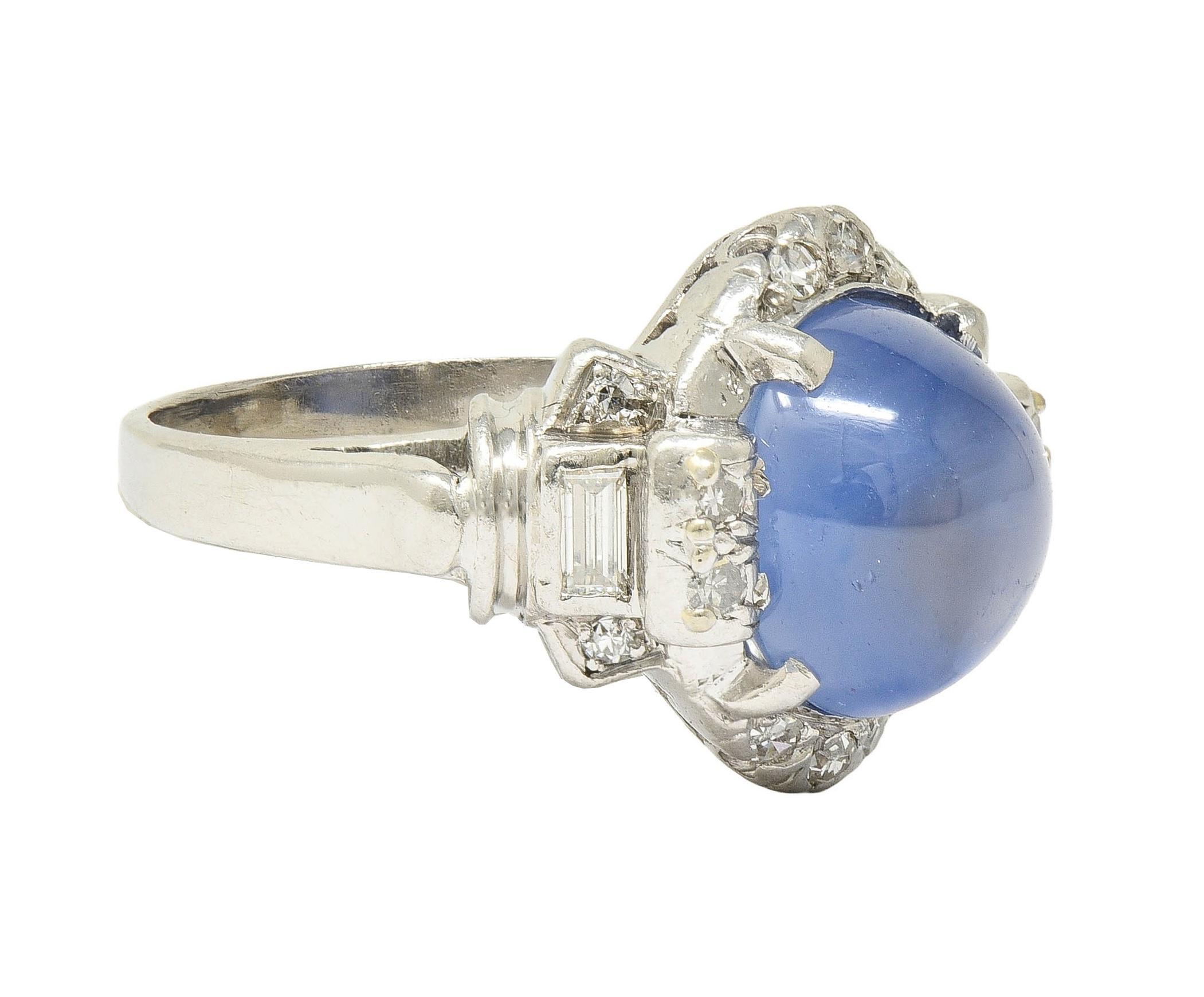 Mid-Century 8.20 CTW Star Sapphire Cabochon Diamond Platinum Vintage Dinner Ring In Excellent Condition In Philadelphia, PA