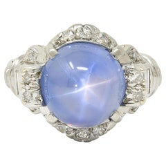 Mid-Century 8.20 CTW Star Sapphire Cabochon Diamond Platinum Vintage Dinner Ring