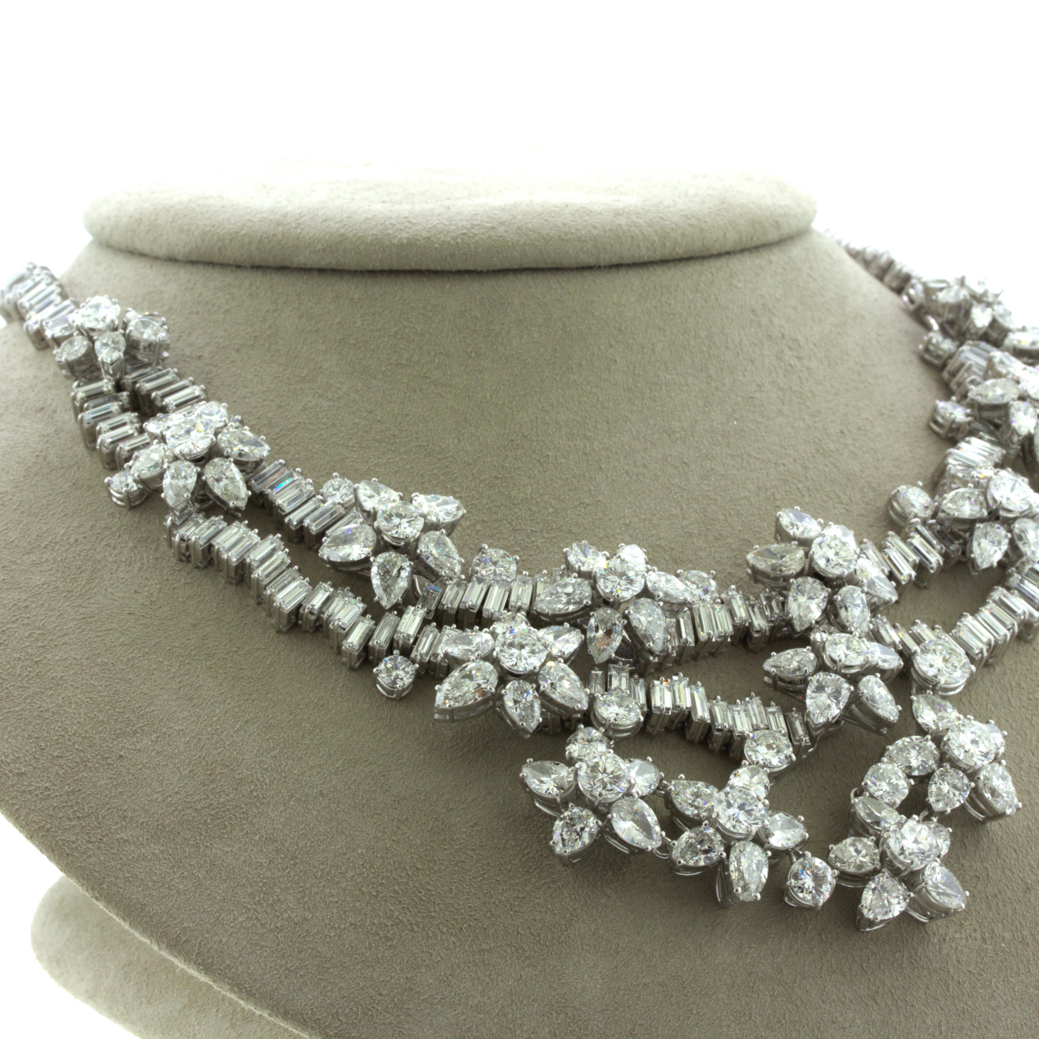 Round Cut Mid-Century 84 Carat Diamond Cluster Platinum Bib Necklace For Sale