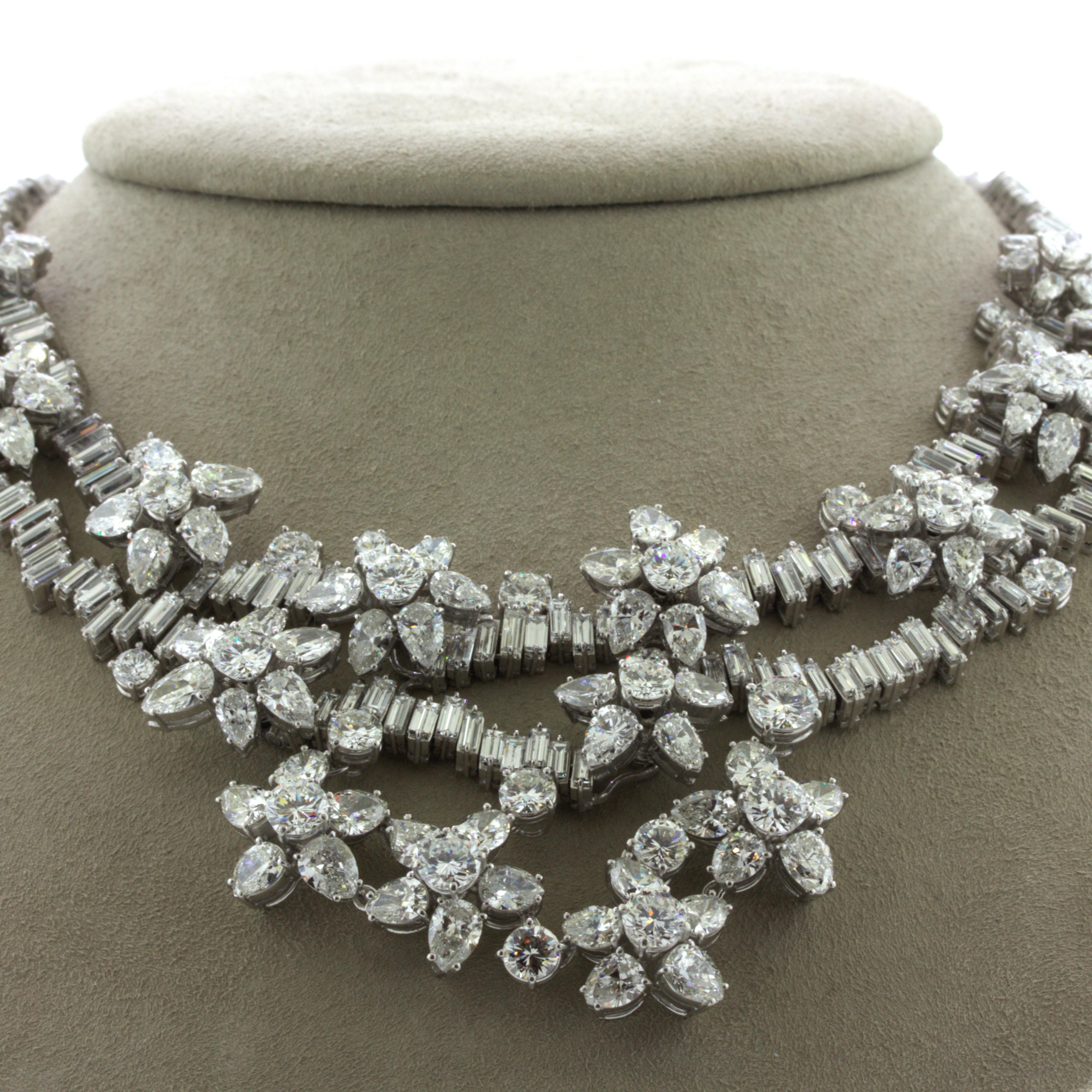 Women's Mid-Century 84 Carat Diamond Cluster Platinum Bib Necklace For Sale
