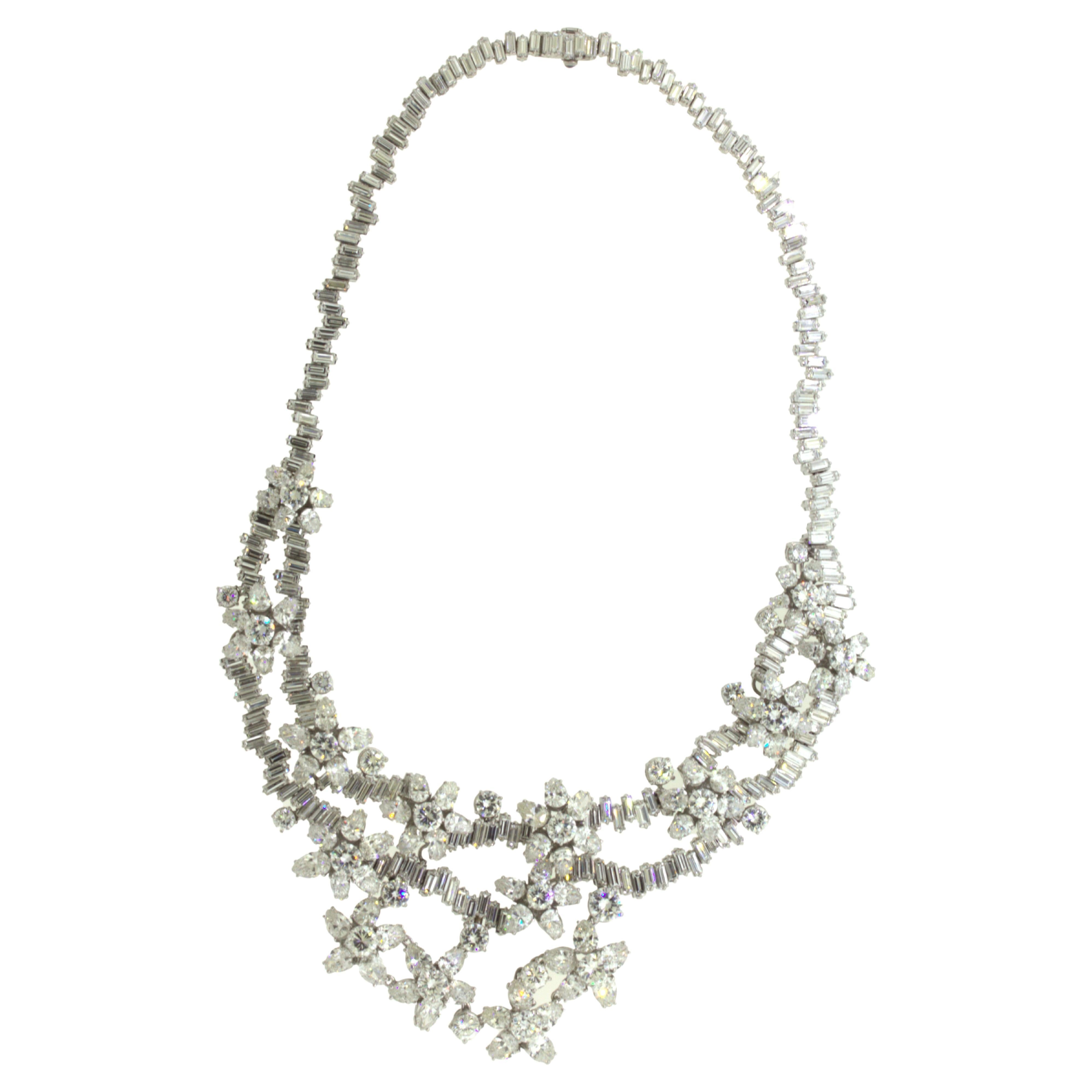 Mid-Century 84 Carat Diamond Cluster Platinum Bib Necklace For Sale