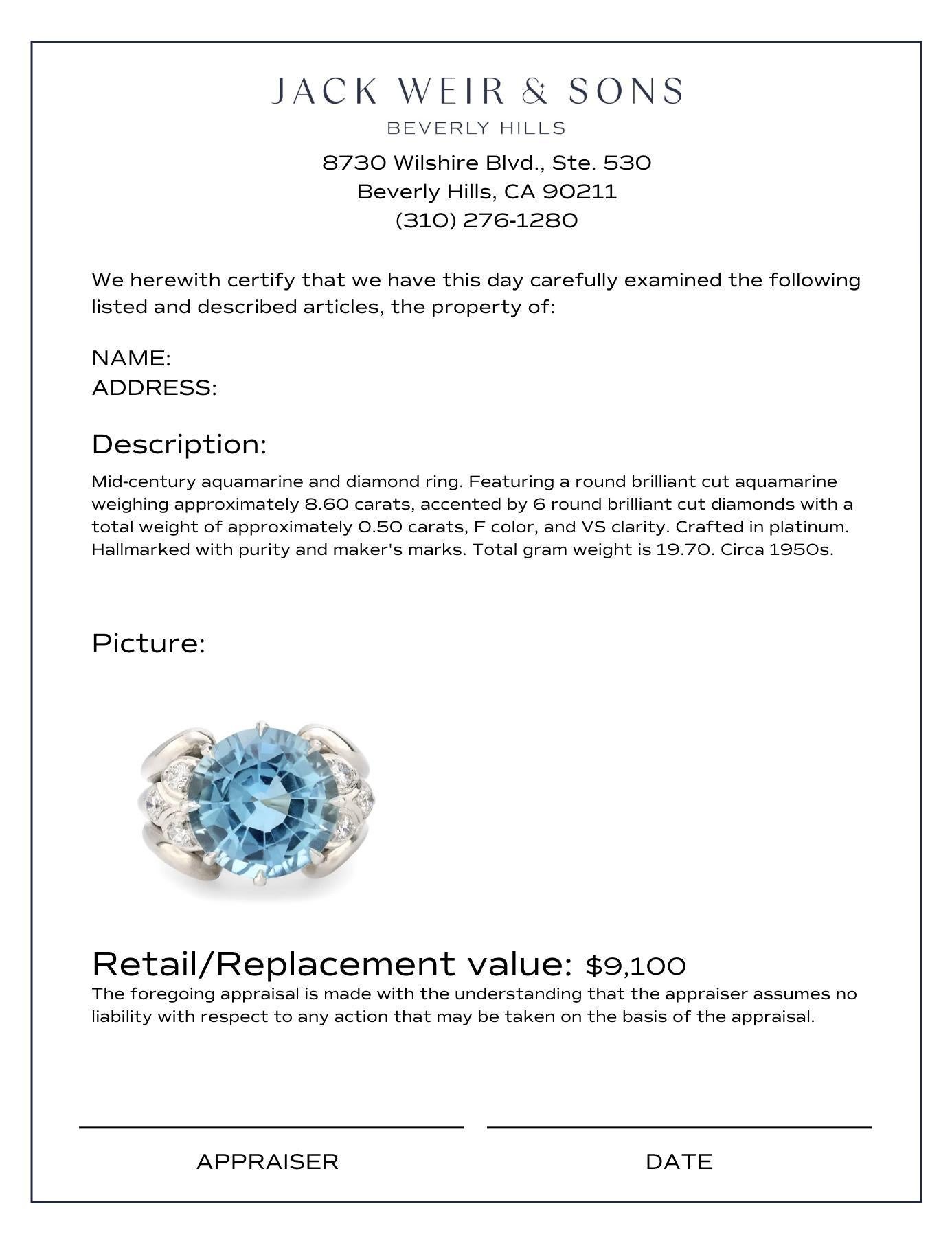 Platinring mit 8,60 Karat Aquamarin-Diamant aus der Mitte des Jahrhunderts im Zustand „Hervorragend“ in Beverly Hills, CA