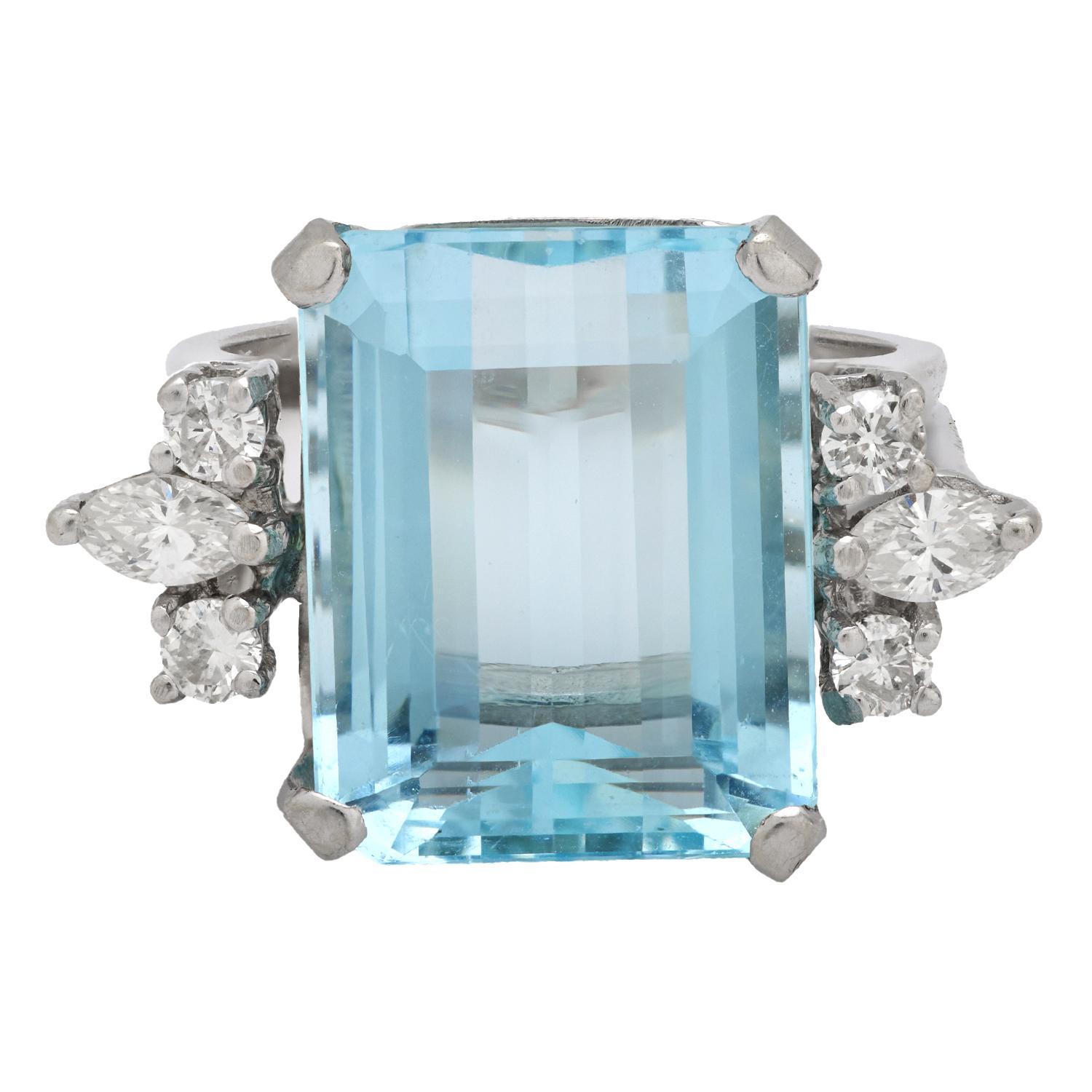 Mid-Century 8,80 Karat Aquamarin-Diamant-Cocktailring aus 14k Weißgold im Zustand „Gut“ im Angebot in Beverly Hills, CA