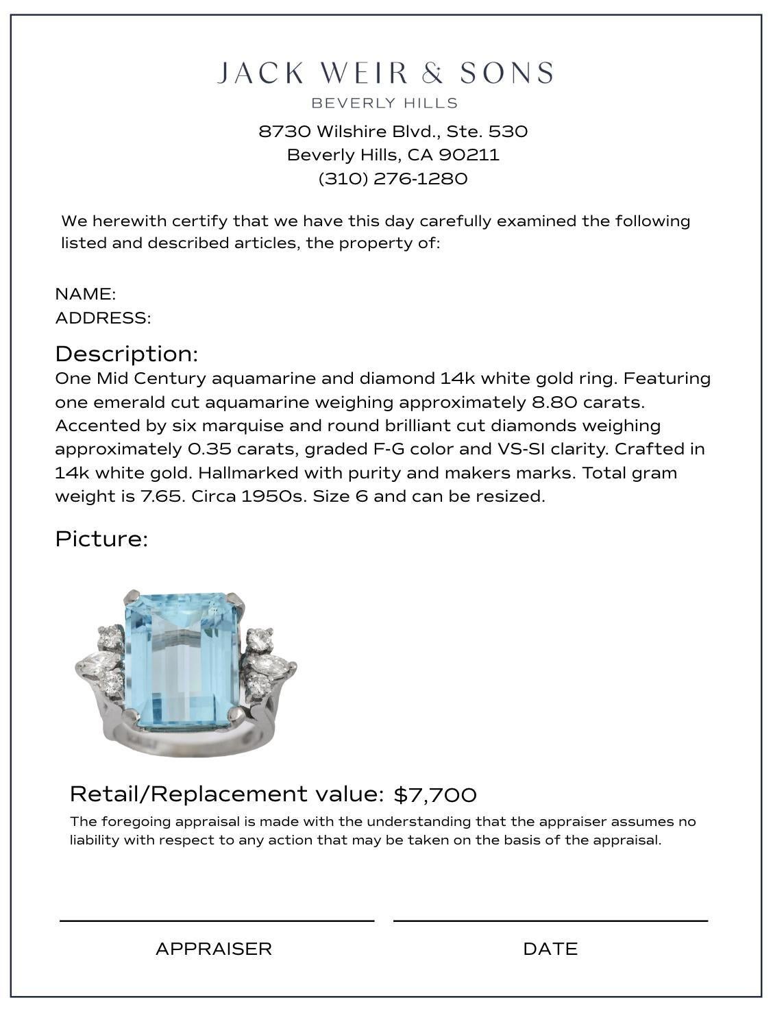 Mid-Century 8,80 Karat Aquamarin-Diamant-Cocktailring aus 14k Weißgold Damen im Angebot
