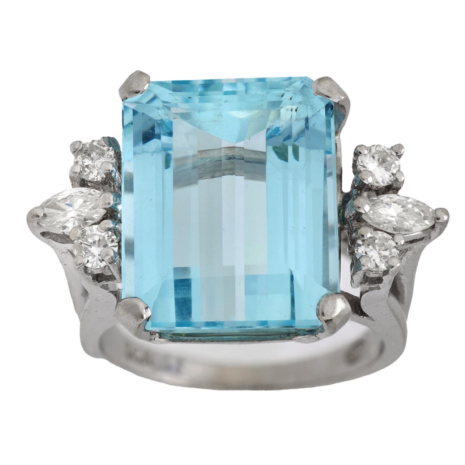 Mid Century 8.80 carat aquamarine diamond 14k white gold cocktail ring