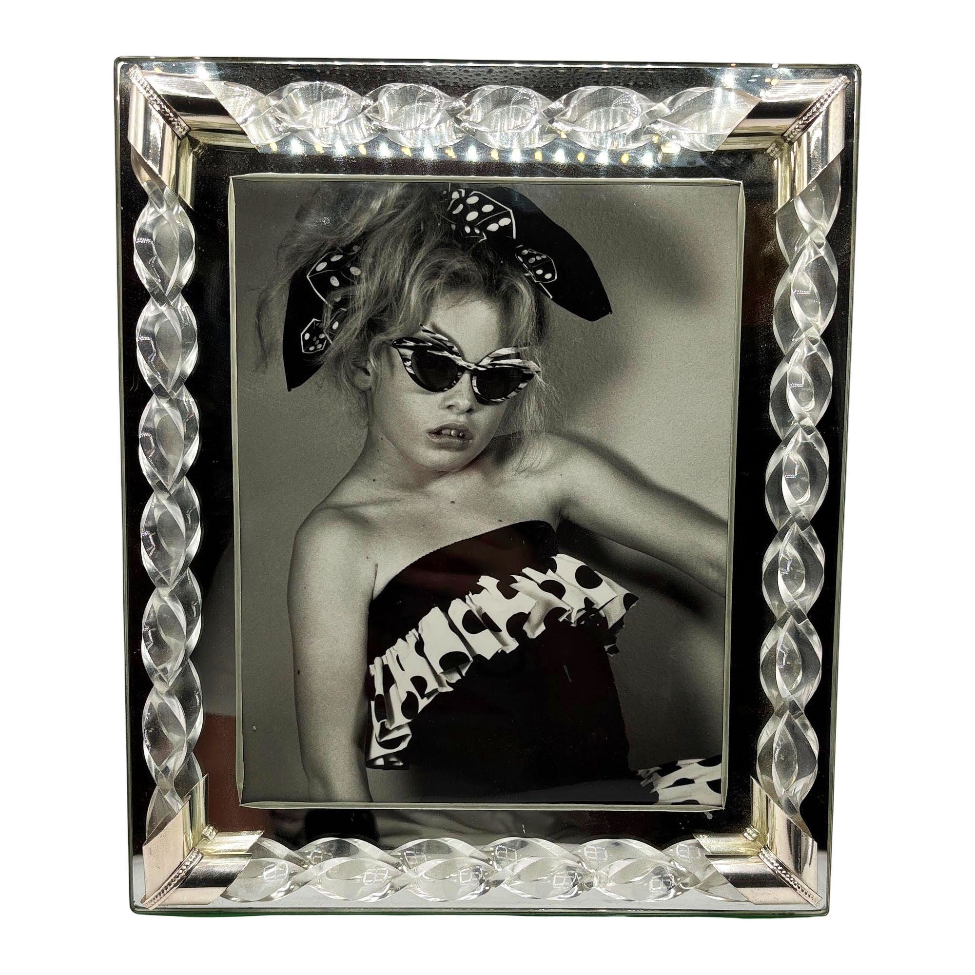 Mid-century 8"x10" Mirrored Tabletop Picture Frame w/ Lucite Cane Borders For Sale