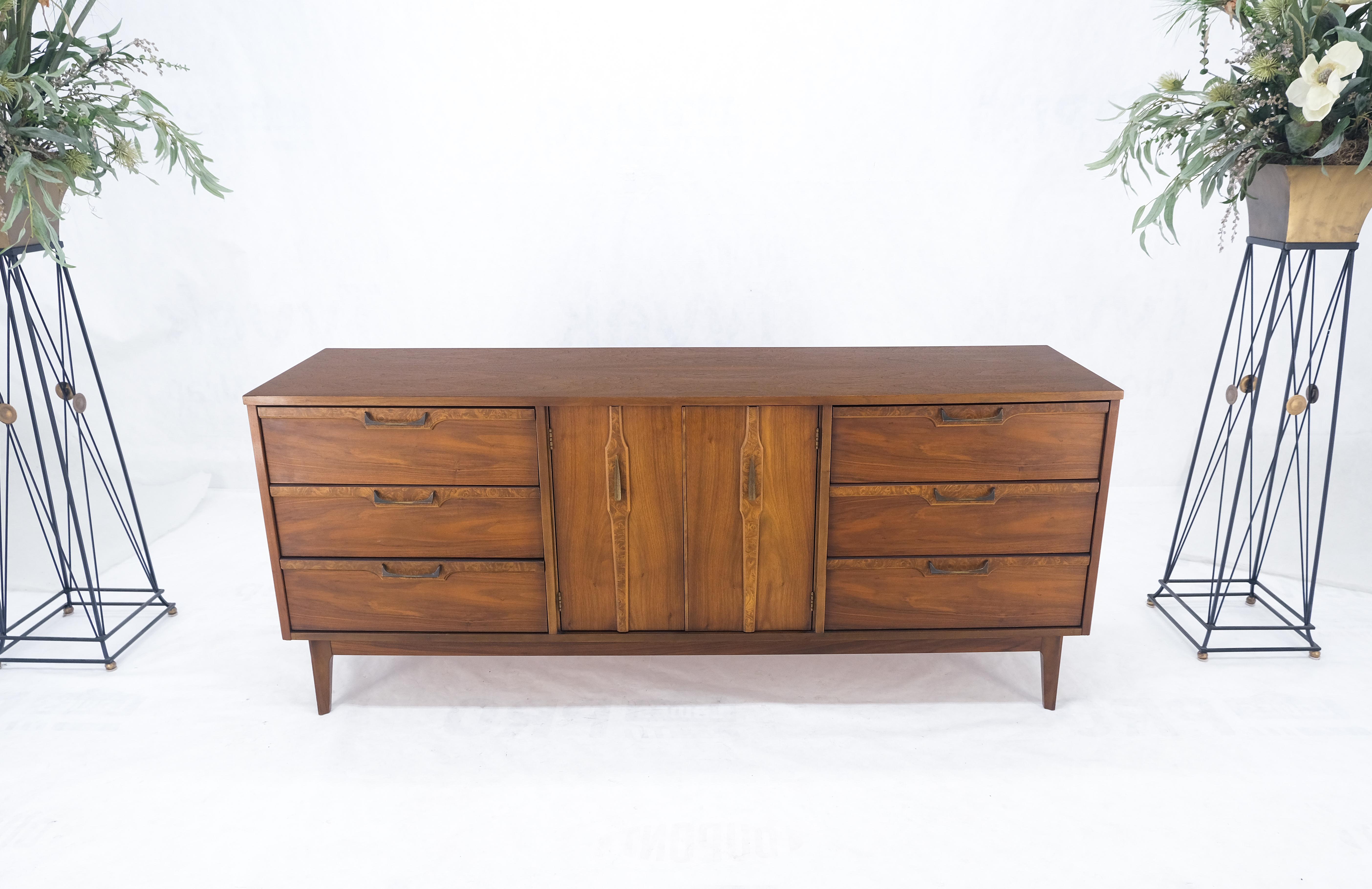 American Mid Century 9 Drawers Double Door Compartment Walnut Burl Inlay Dresser MINT! For Sale