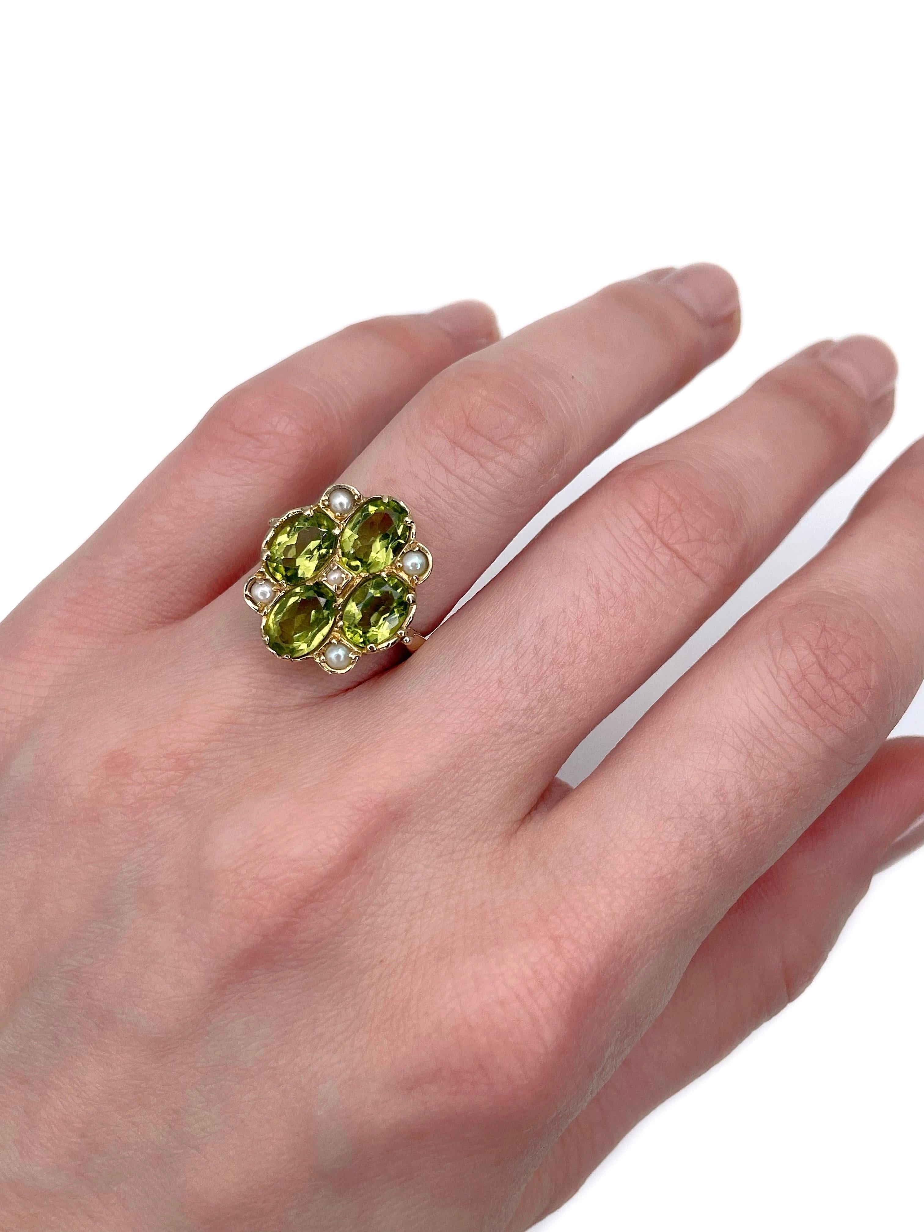 Mixed Cut Mid Century 9 Karat Gold Peridot Seed Pearl Cocktail Ring For Sale