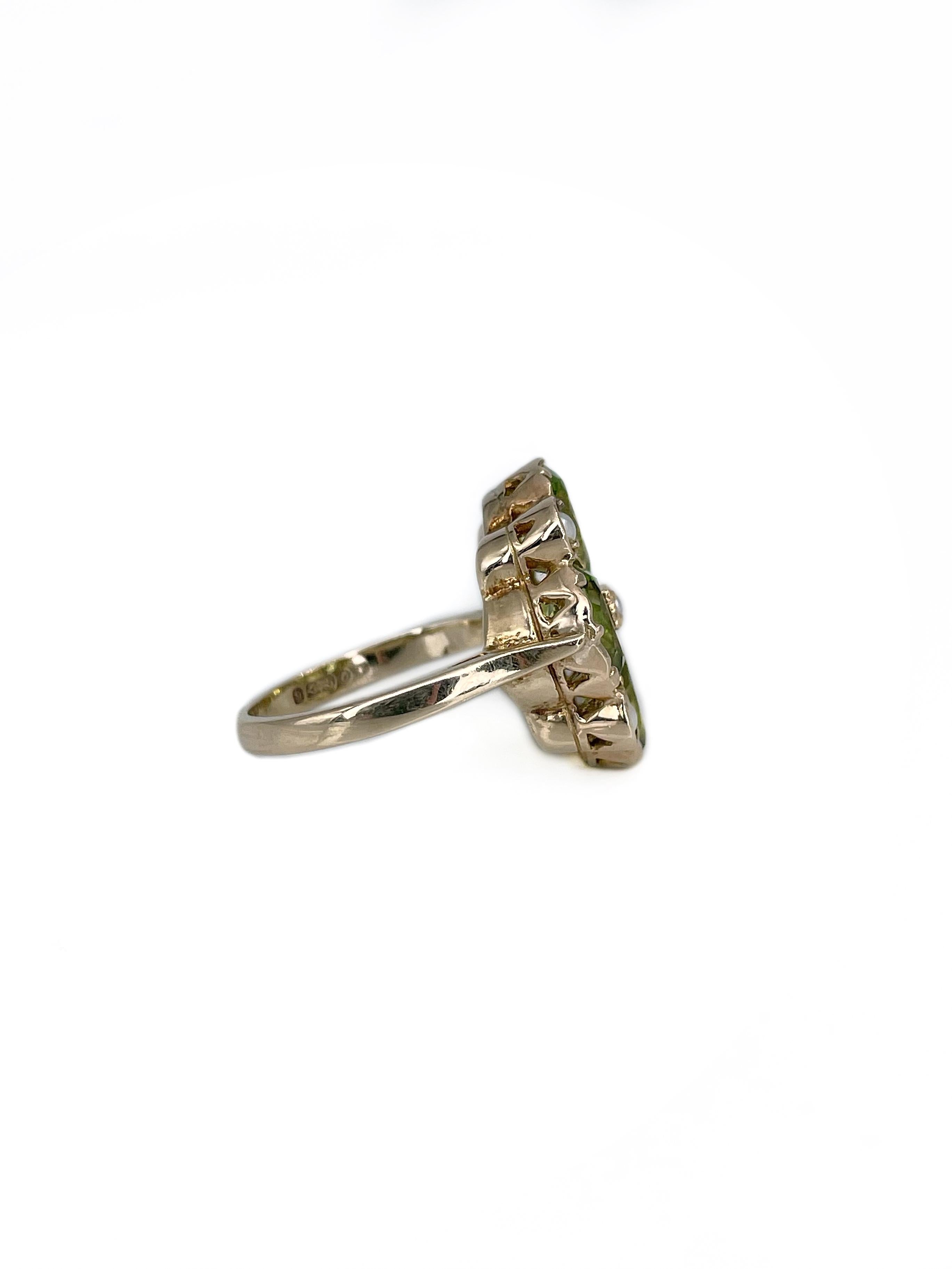 Mid Century 9 Karat Gold Peridot Seed Pearl Cocktail Ring im Zustand „Gut“ in Vilnius, Vilniaus apskr.