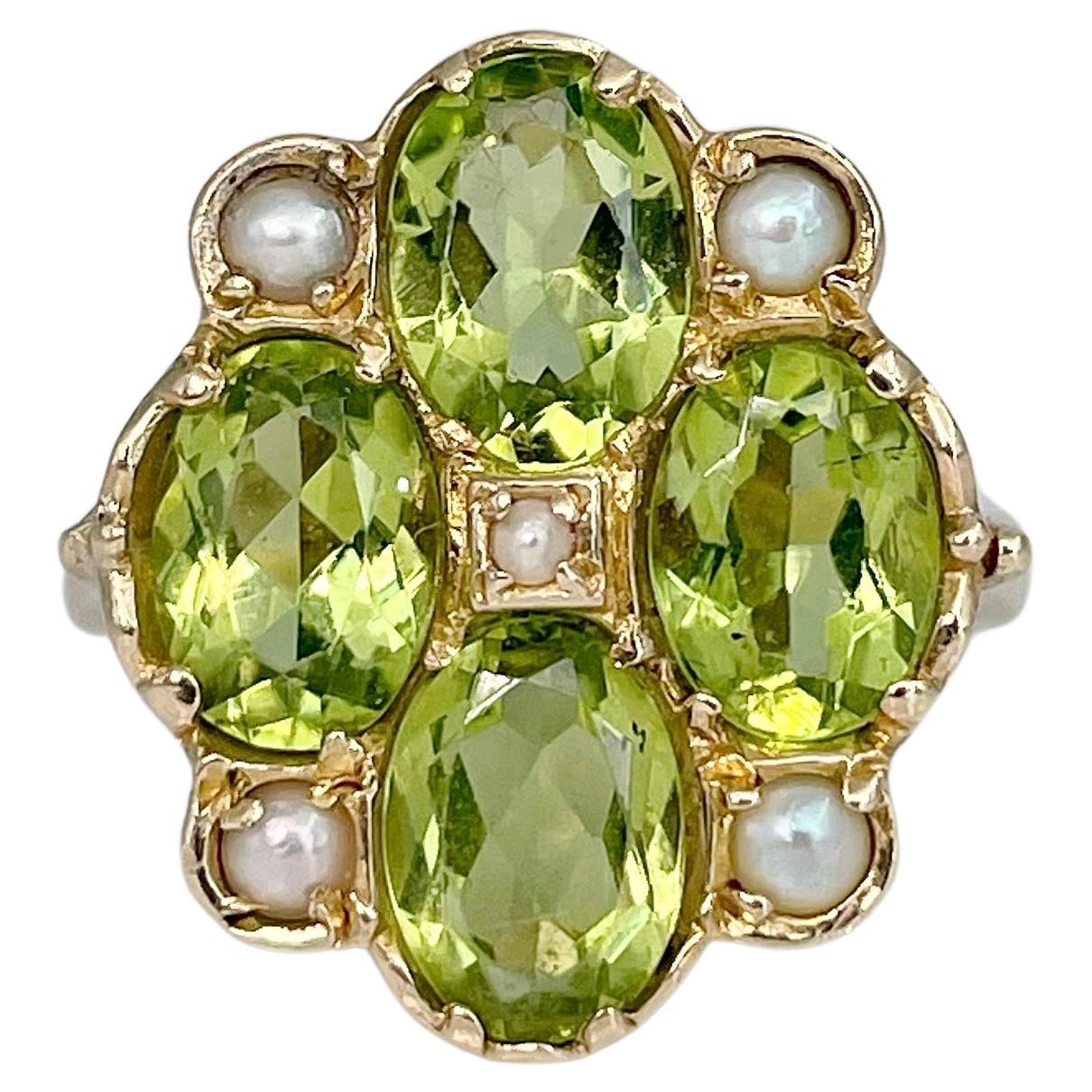 Mid Century 9 Karat Gold Peridot Seed Pearl Cocktail Ring For Sale