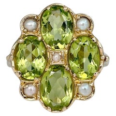 Vintage Mid Century 9 Karat Gold Peridot Seed Pearl Cocktail Ring