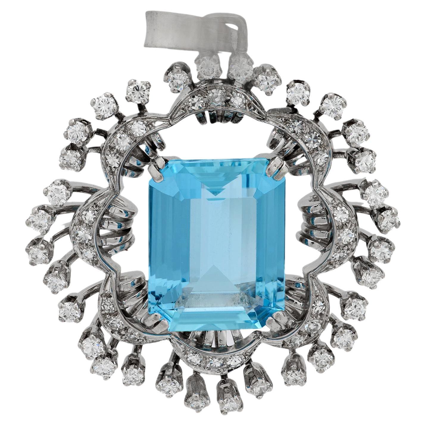 Mid Century 9.20 carat aquamarine diamond 18k white gold pendant
