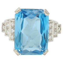 Mid-Century 9.22 CTW Aquamarine Diamond Platinum 18K Gold Vintage Cocktail Ring