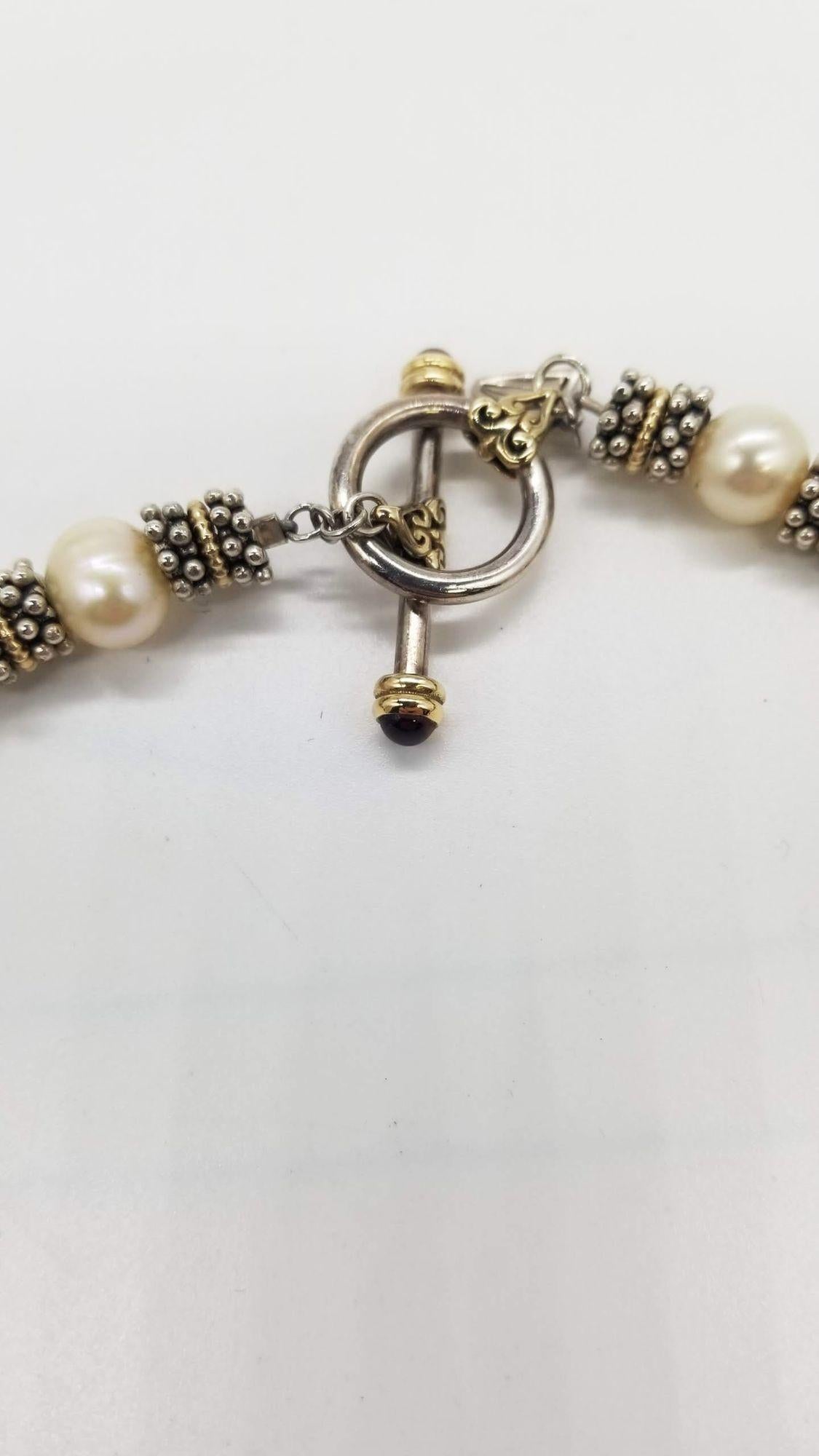 Halskette mit Klappverschluss, Mid-Century 925, zweifarbige Perle Kaviar Perle Granat Toggle im Zustand „Hervorragend“ im Angebot in Van Nuys, CA