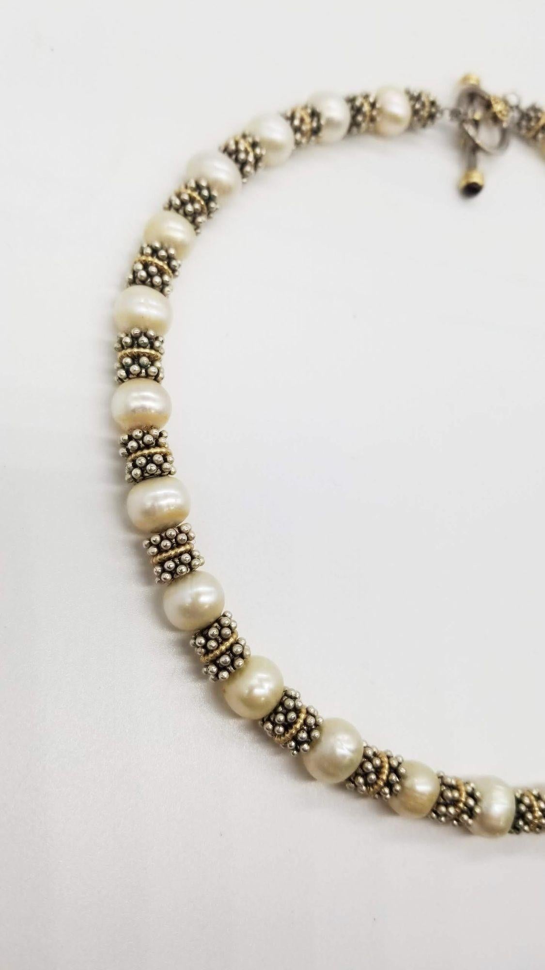 Mid-20th Century Mid Century 925 Two Tone Pearl Caviar Bead Garnet Toggle Clasp Necklace For Sale
