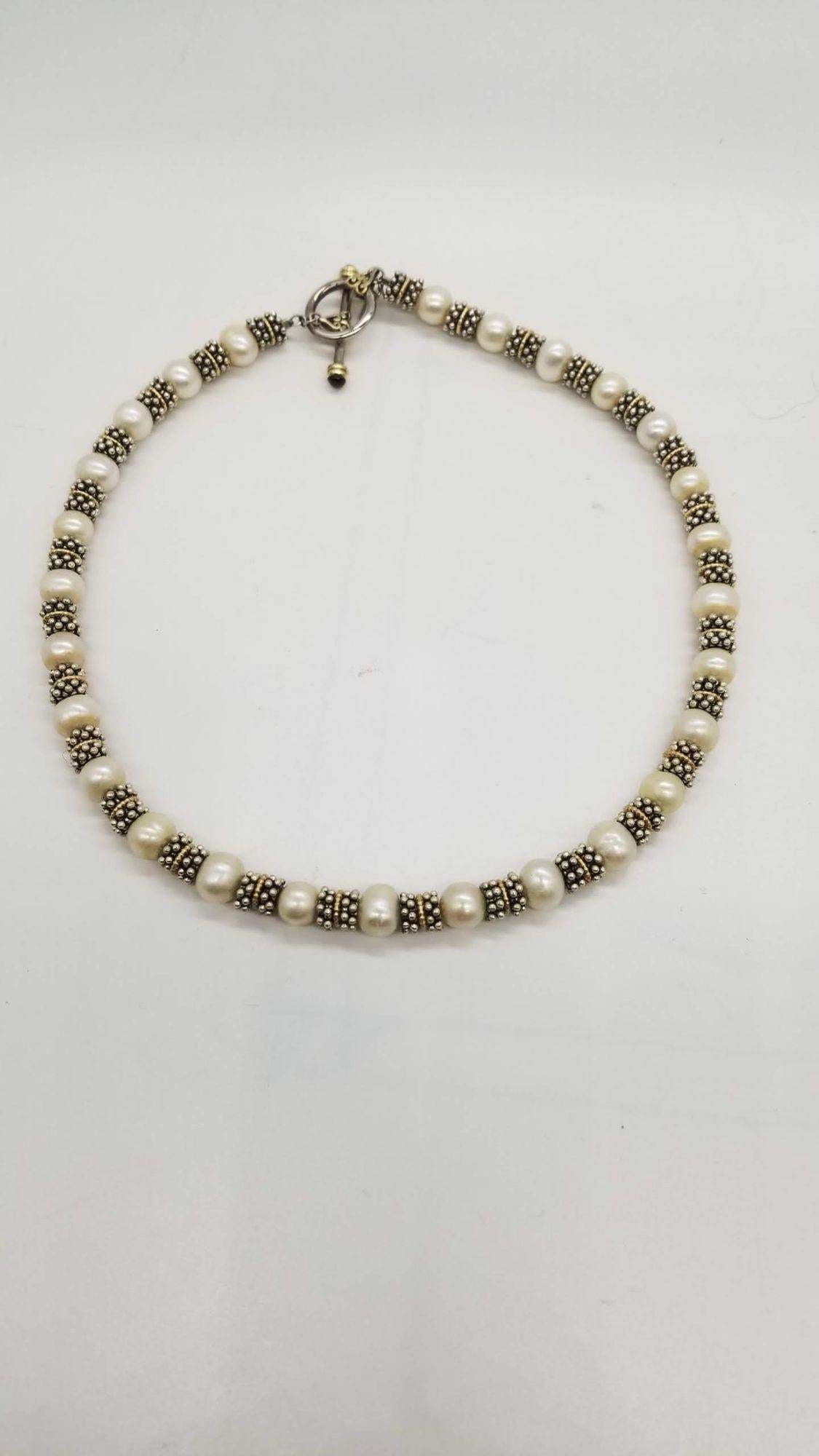 Silver Mid Century 925 Two Tone Pearl Caviar Bead Garnet Toggle Clasp Necklace For Sale