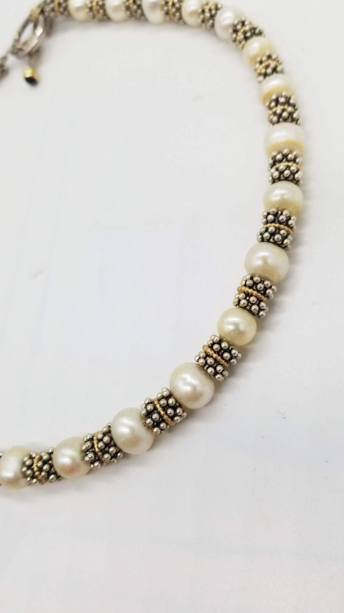 Mid Century 925 Two Tone Pearl Caviar Bead Garnet Toggle Clasp Necklace For Sale 1