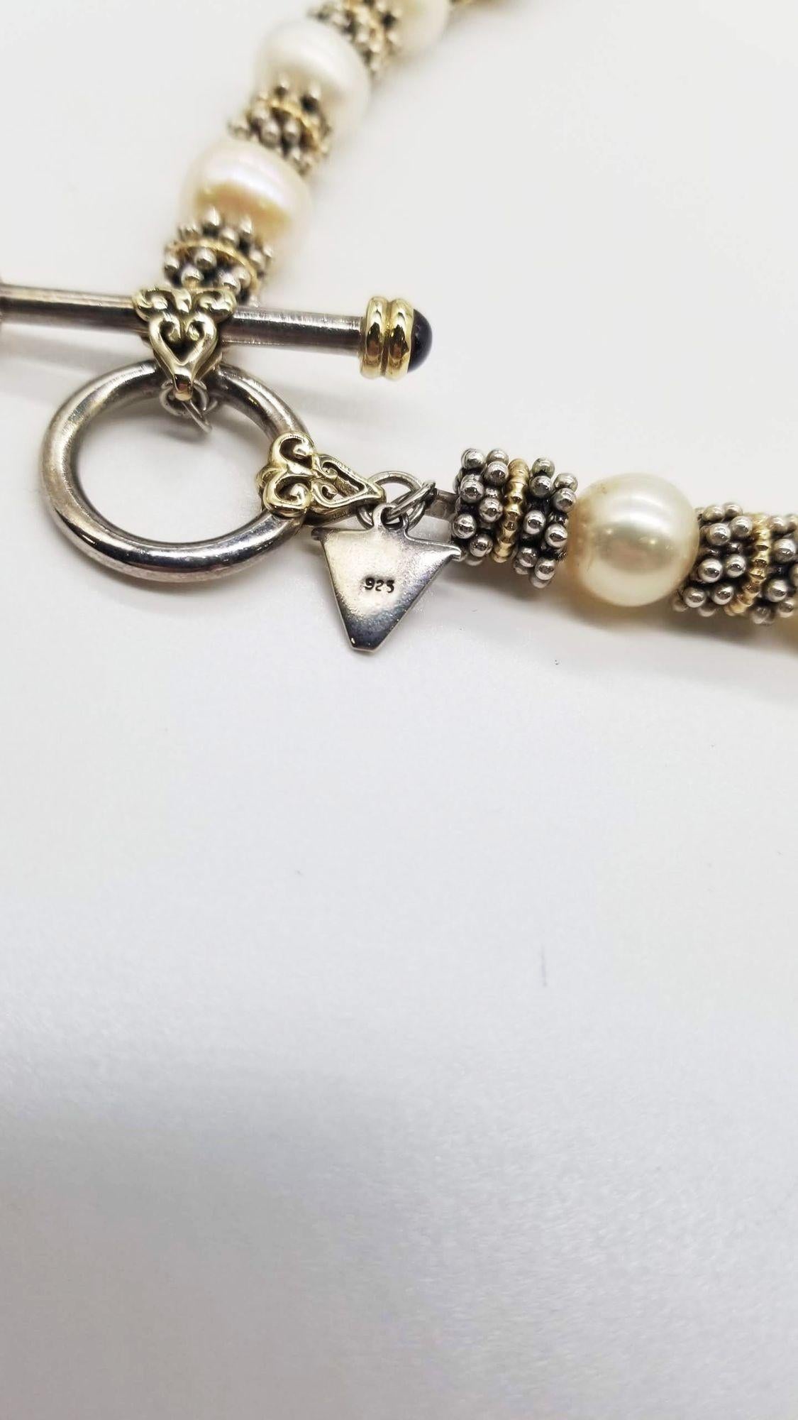 Halskette mit Klappverschluss, Mid-Century 925, zweifarbige Perle Kaviar Perle Granat Toggle im Angebot 2