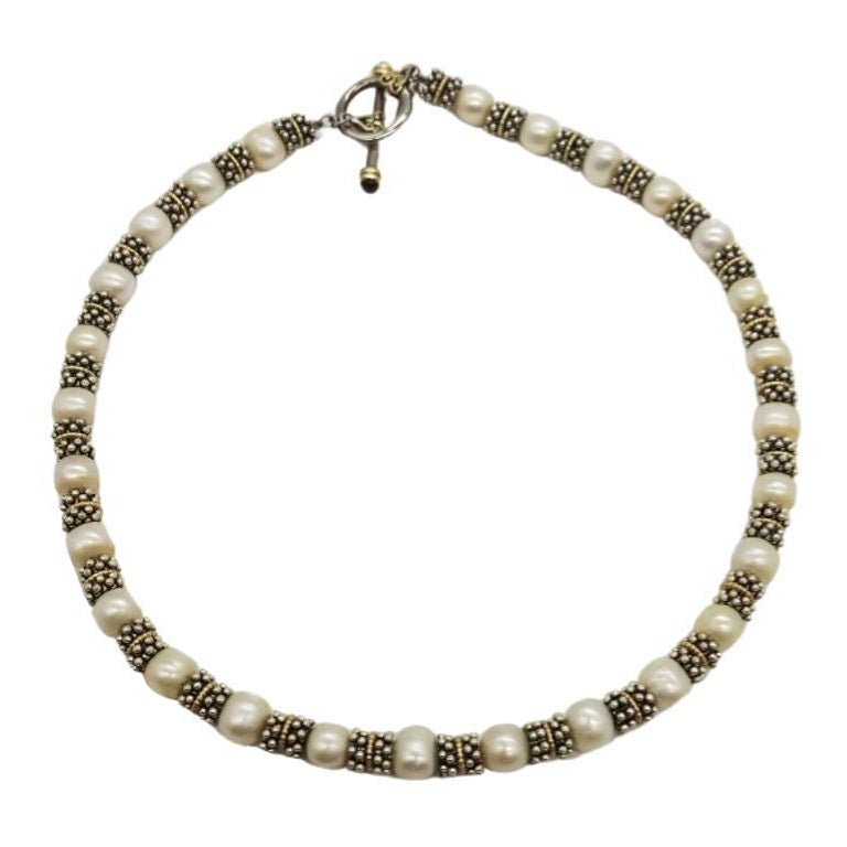 Mid Century 925 Two Tone Pearl Caviar Bead Garnet Toggle Clasp Necklace