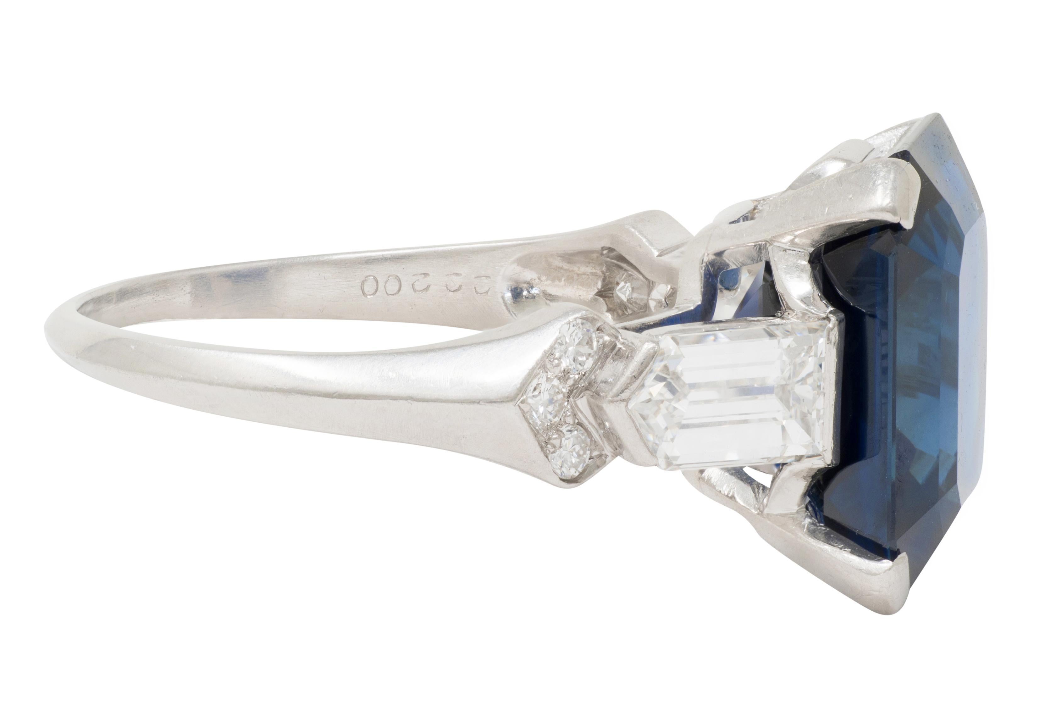 Emerald Cut Mid-Century 9.28 CTW No Heat Sapphire Diamond Vintage Cocktail Ring AGL For Sale