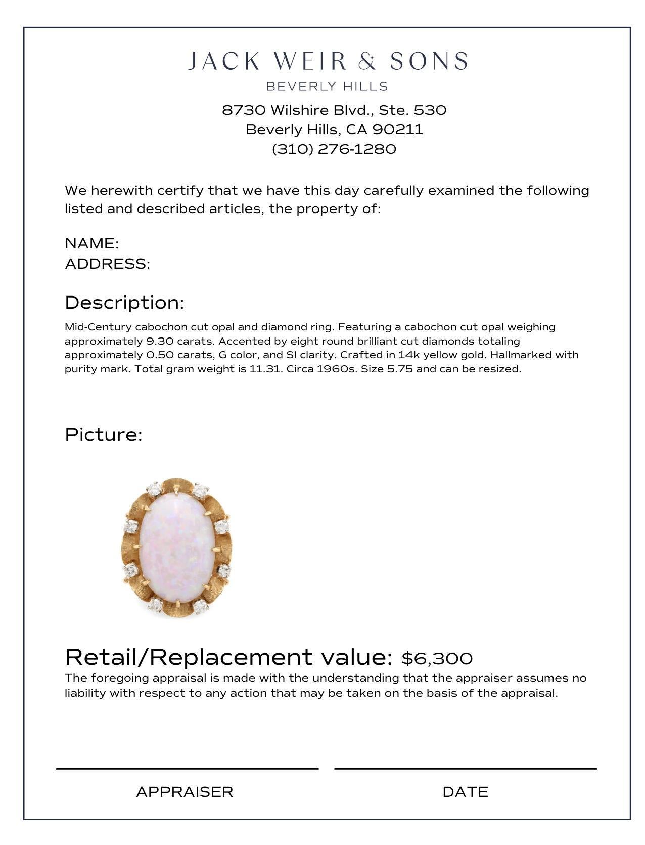 Bague de cocktail en or jaune 14k, 9.30 carats, opale et diamant du milieu du siècle dernier Excellent état - En vente à Beverly Hills, CA