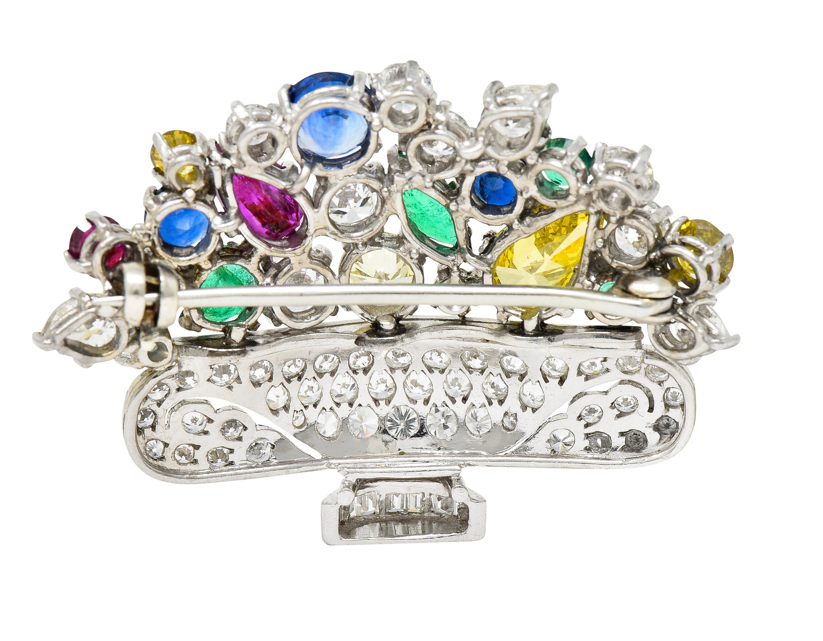 Round Cut Mid-Century 9.30 Carats Fancy Diamond Emerald Ruby Sapphire Platinum Brooch