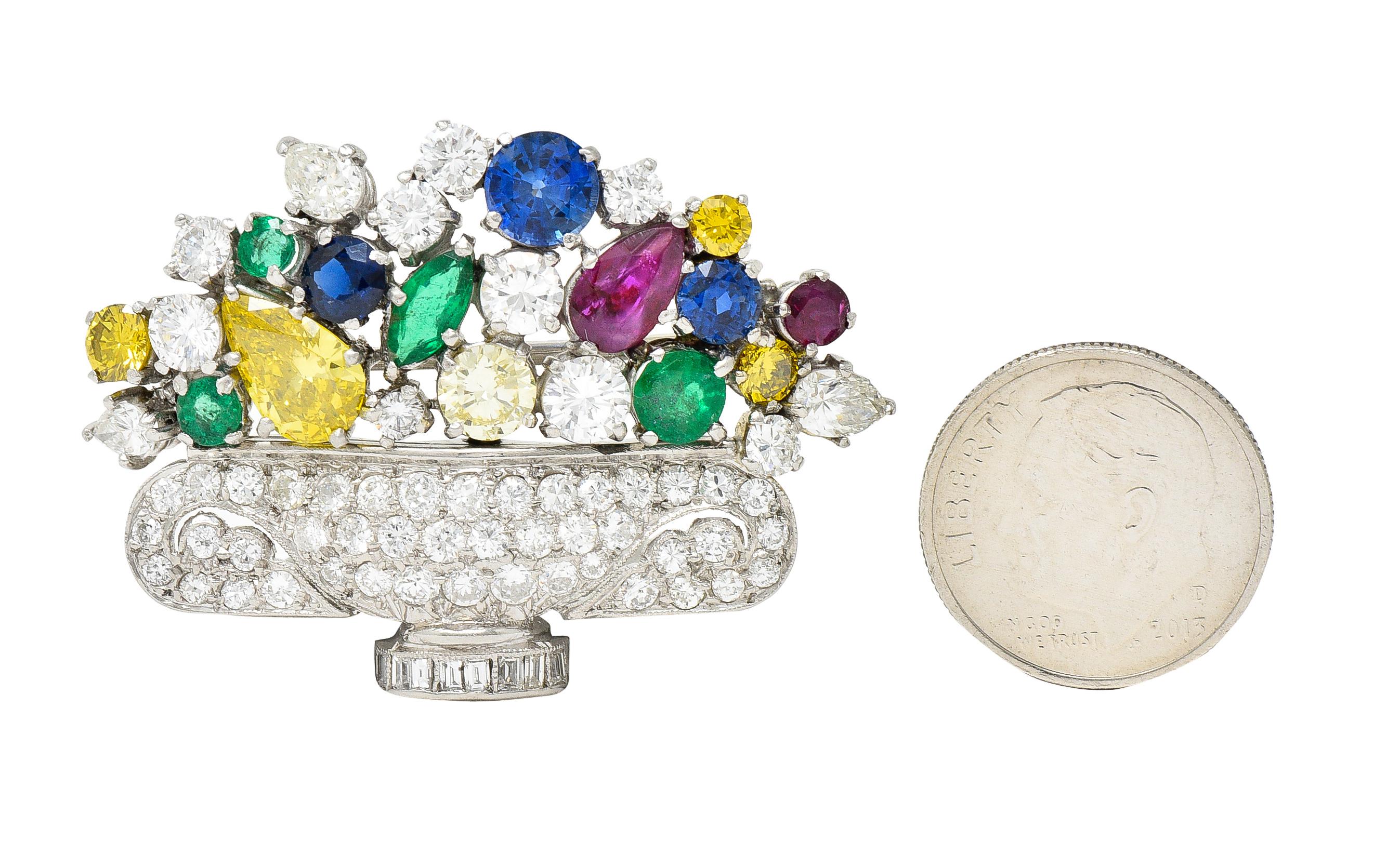 Mid-Century 9.30 Carats Fancy Diamond Emerald Ruby Sapphire Platinum Brooch 2