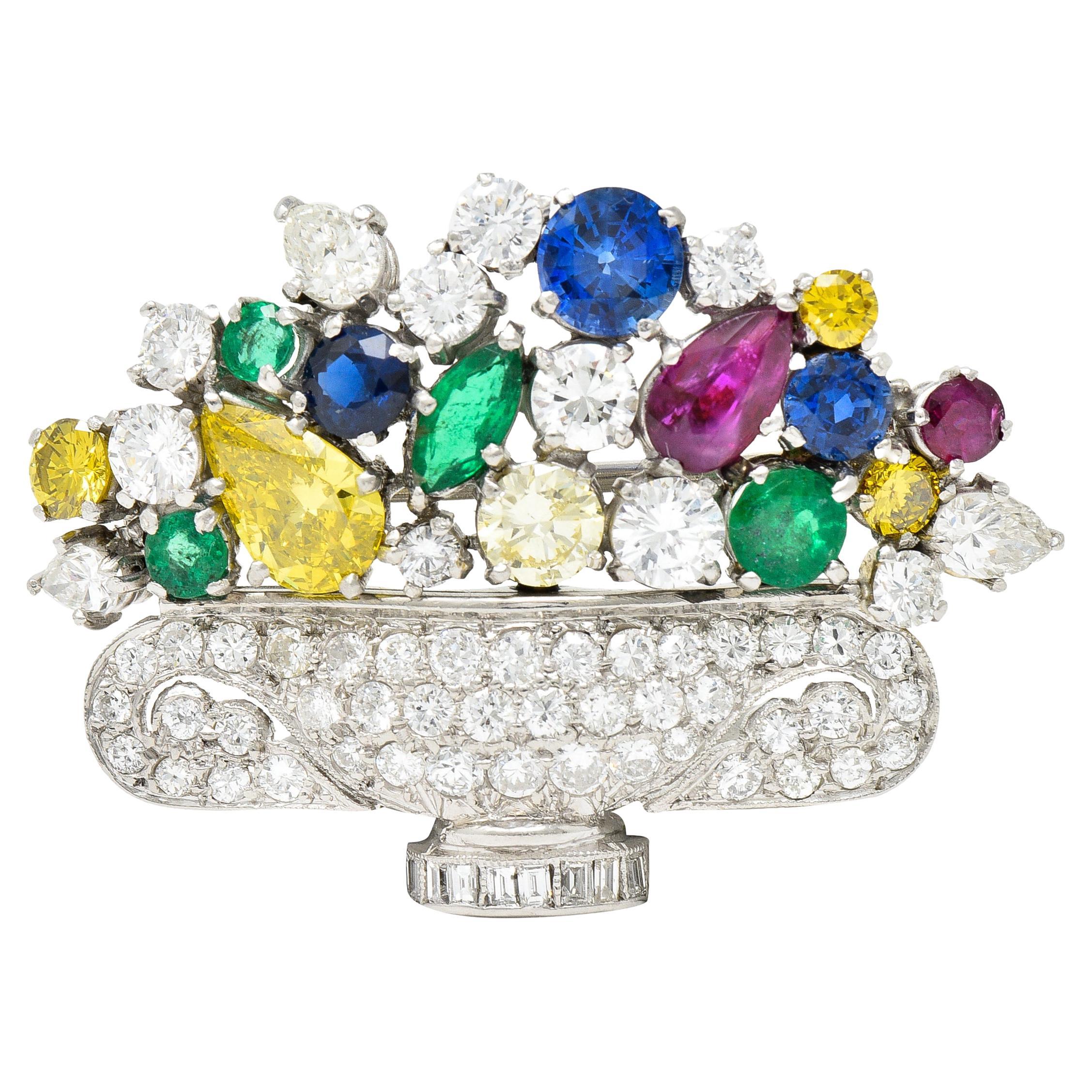 Mid-Century 9.30 Carats Fancy Diamond Emerald Ruby Sapphire Platinum Brooch