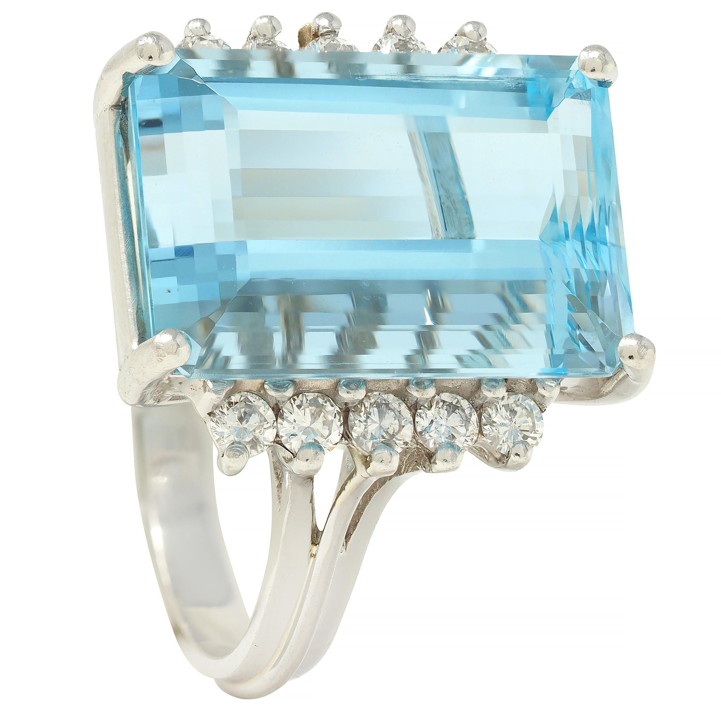 Mid- Century 9.35 CTW Aquamarine Diamond Platinum Vintage Cluster Cocktail Ring 6