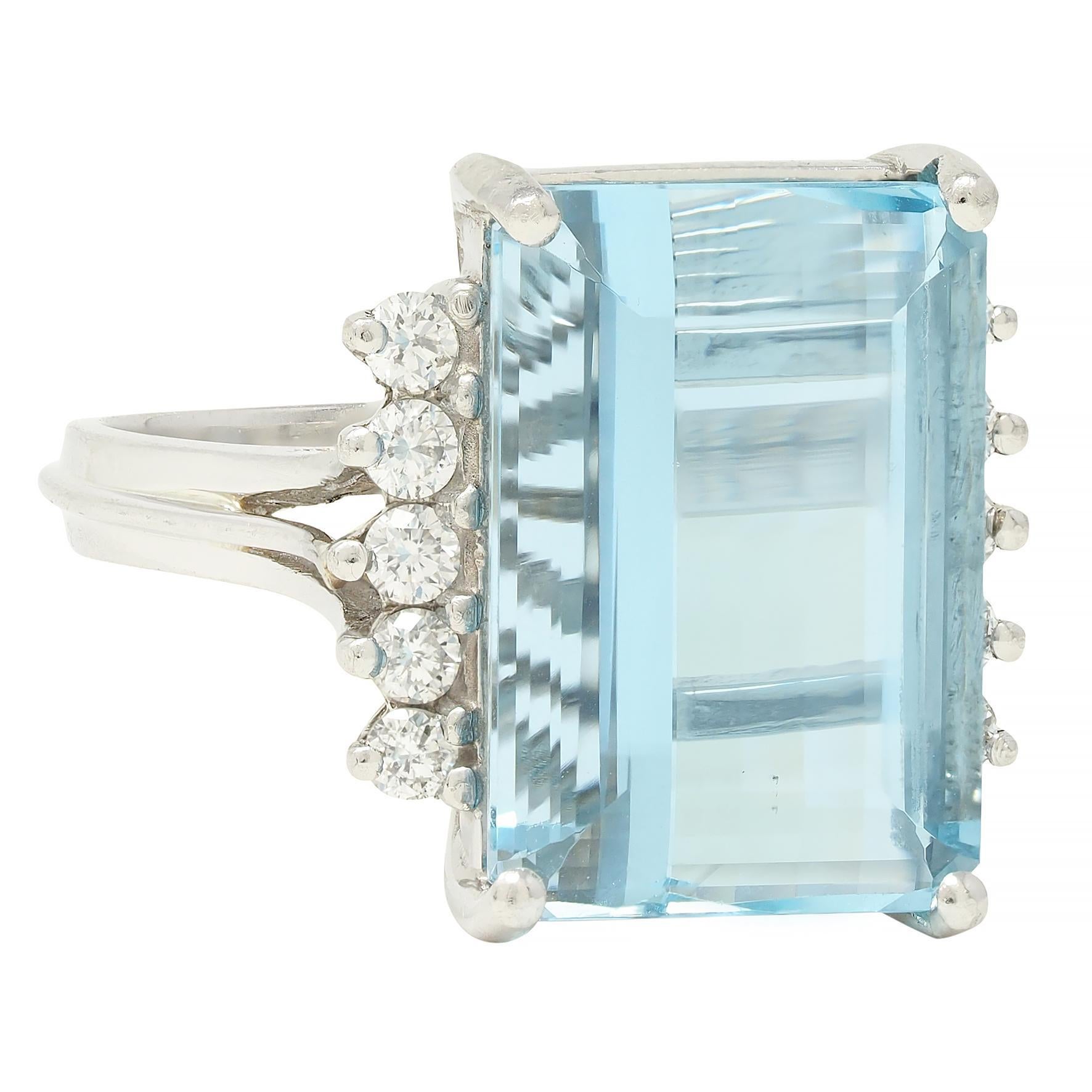 Emerald Cut Mid- Century 9.35 CTW Aquamarine Diamond Platinum Vintage Cluster Cocktail Ring