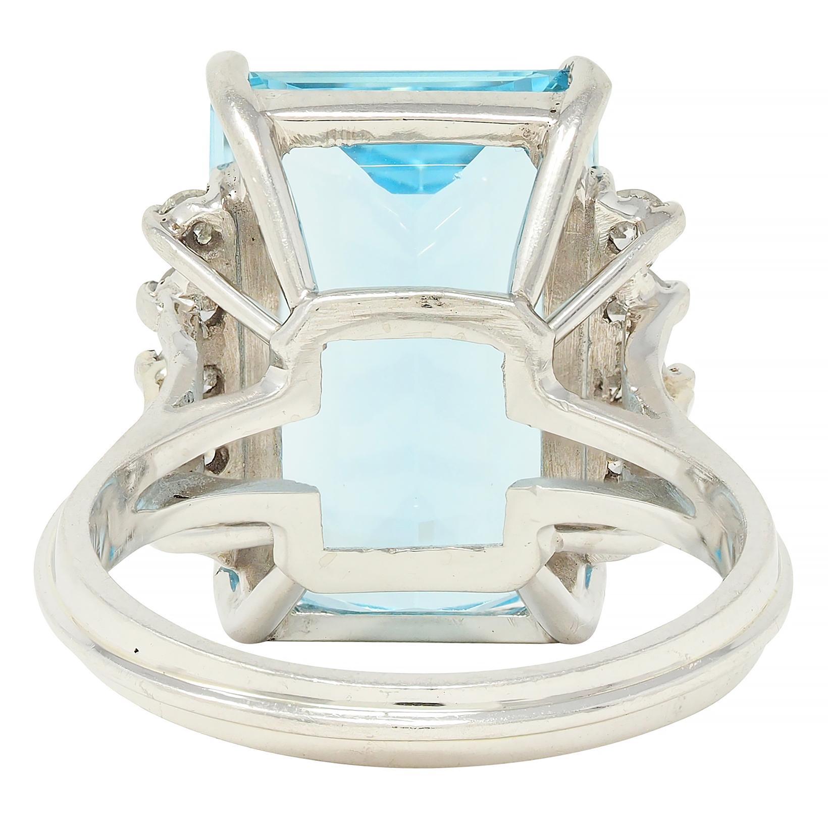 Women's or Men's Mid- Century 9.35 CTW Aquamarine Diamond Platinum Vintage Cluster Cocktail Ring
