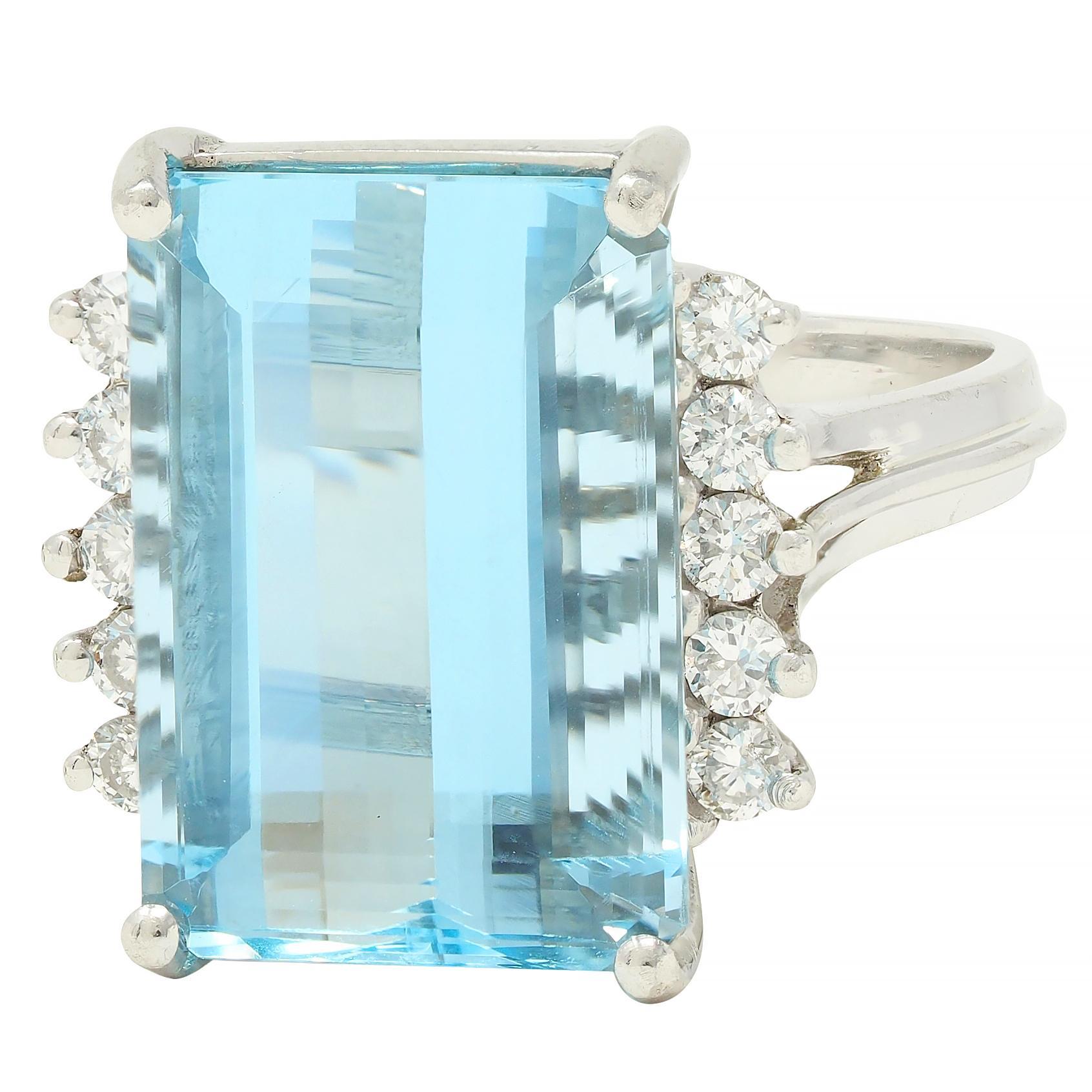 Mid- Century 9.35 CTW Aquamarine Diamond Platinum Vintage Cluster Cocktail Ring 2