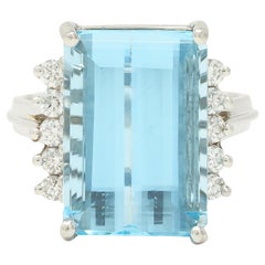 Mid- Century 9.35 CTW Aquamarine Diamond Platinum Vintage Cluster Cocktail Ring
