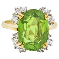 Mid-Century 9.37 CTW Peridot Diamond Platinum 18 Karat Gold Retro Cluster Ring