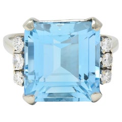 Mid-Century 9.41 CTW Aquamarine Diamond 14 Karat Gold Vintage Cocktail Ring