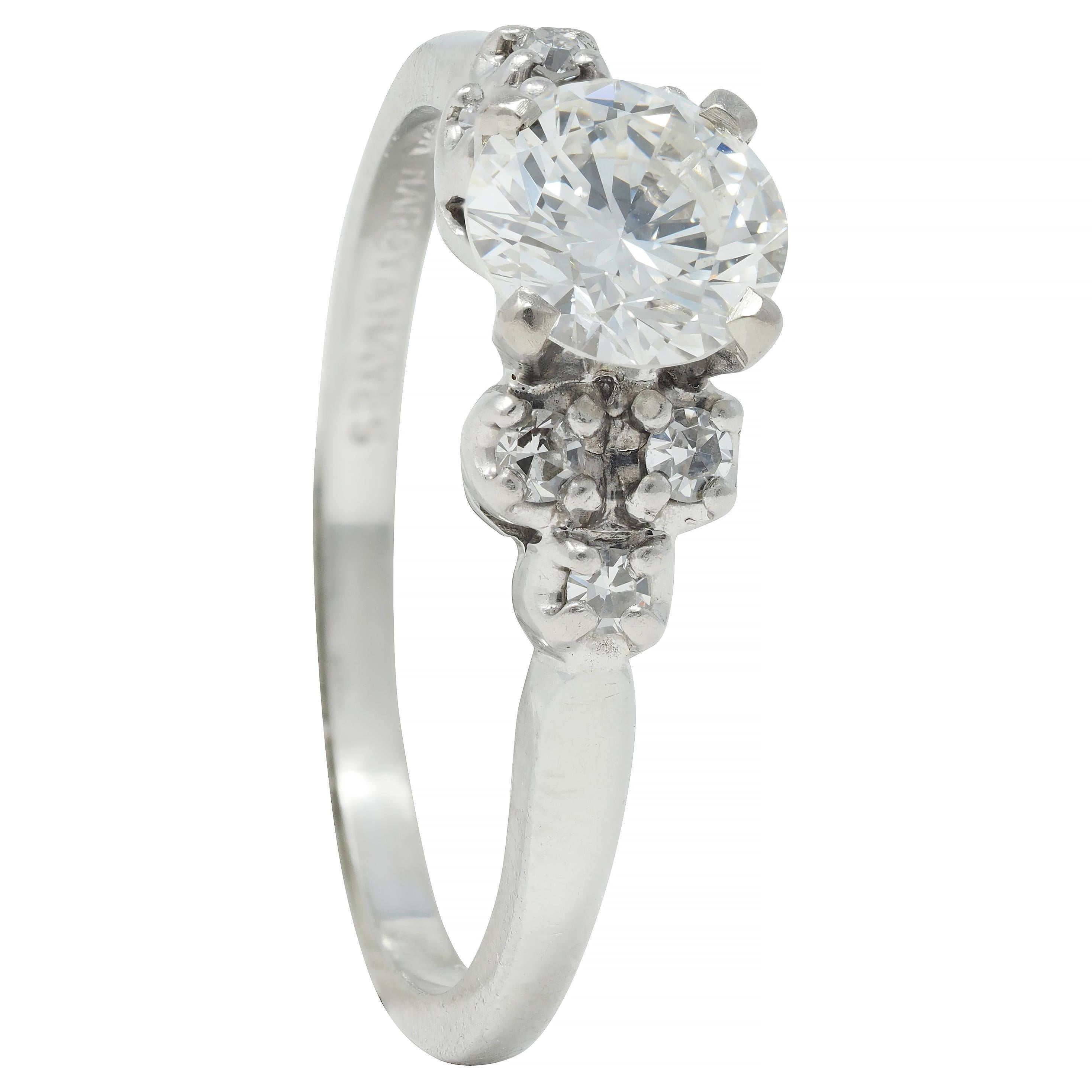 Mid-Century .95 CTW Diamond 18 Karat White Gold Fishtail Vintage Engagement Ring For Sale 6