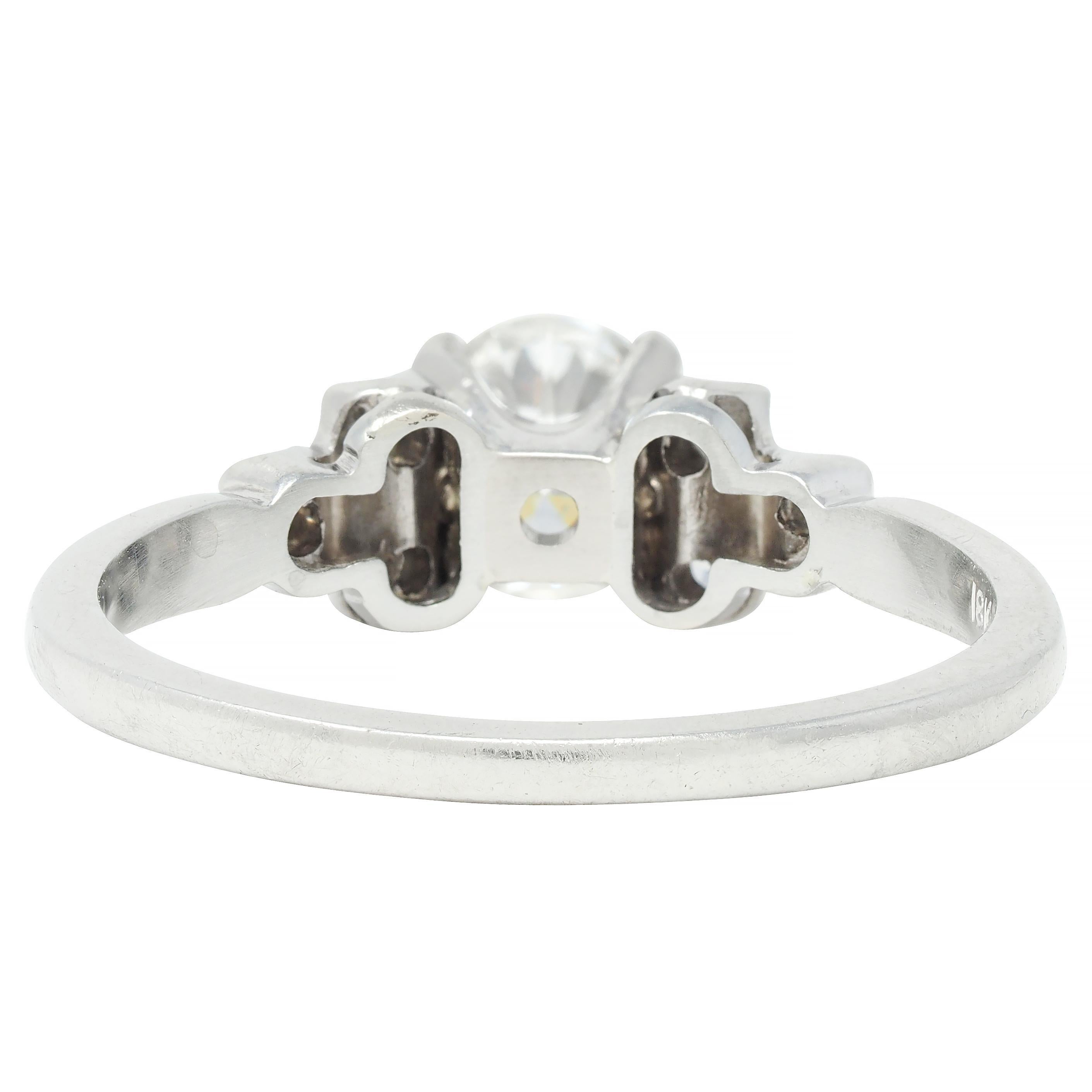 Women's or Men's Mid-Century .95 CTW Diamond 18 Karat White Gold Fishtail Vintage Engagement Ring For Sale