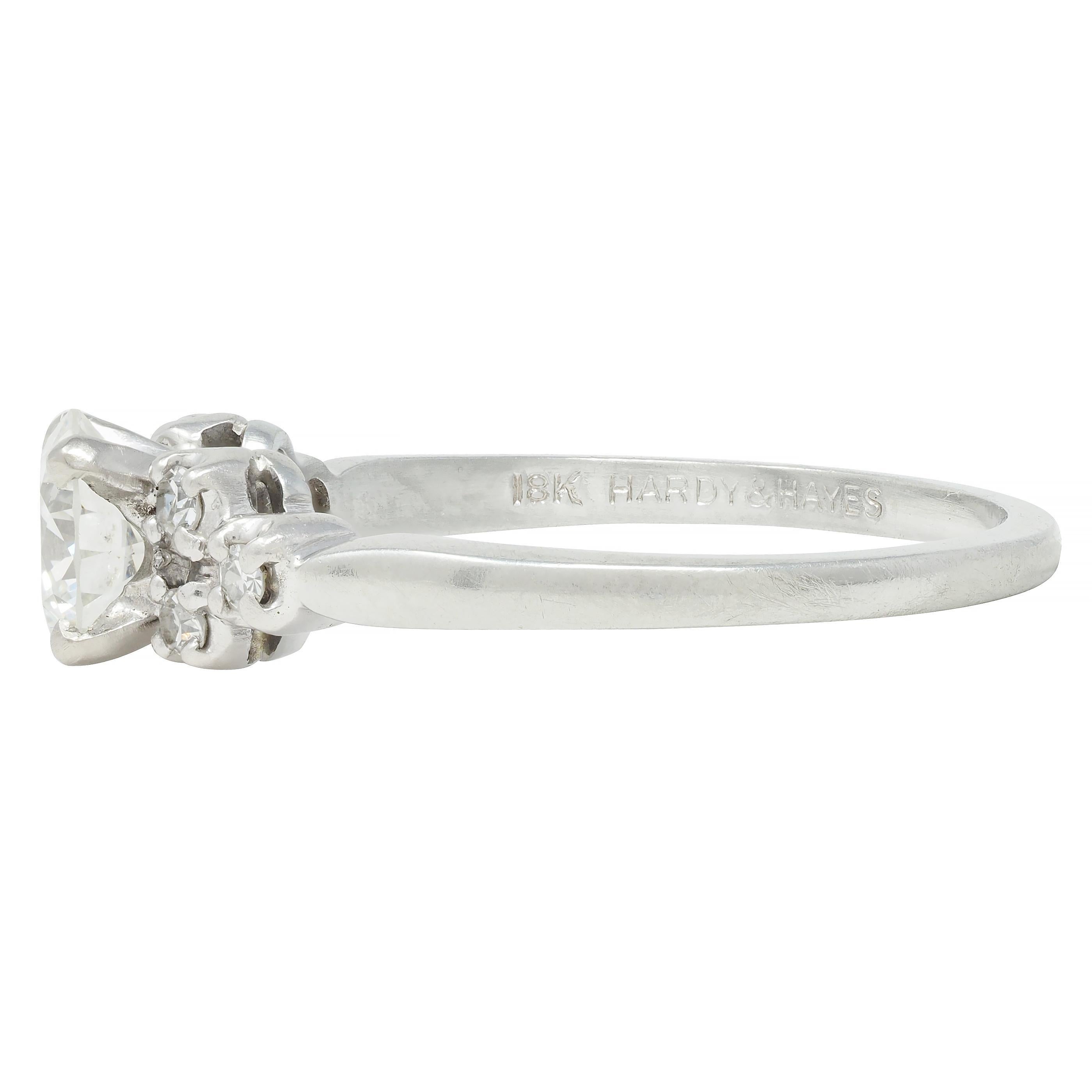 Mid-Century .95 CTW Diamond 18 Karat White Gold Fishtail Vintage Engagement Ring For Sale 1