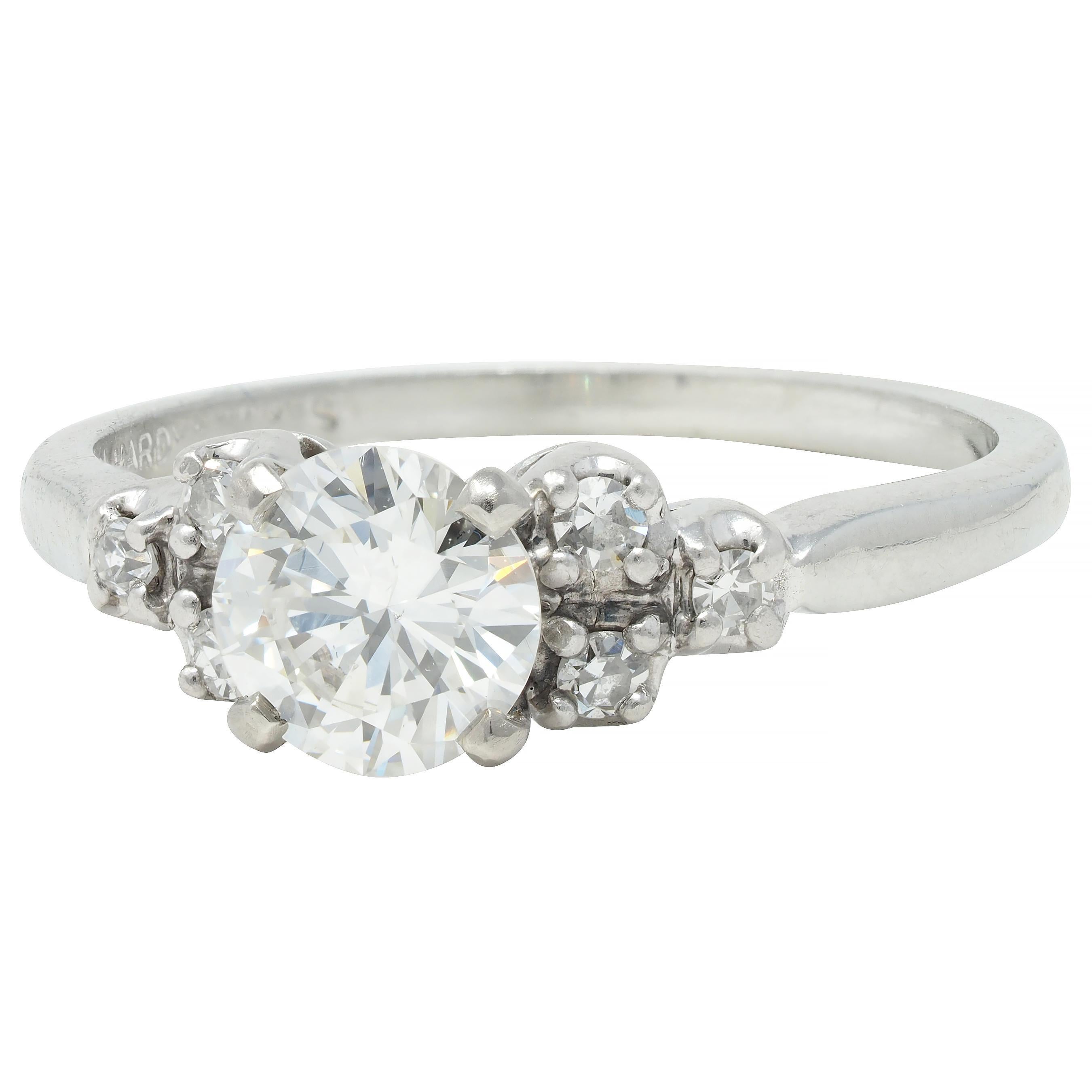 Mid-Century .95 CTW Diamond 18 Karat White Gold Fishtail Vintage Engagement Ring For Sale 2
