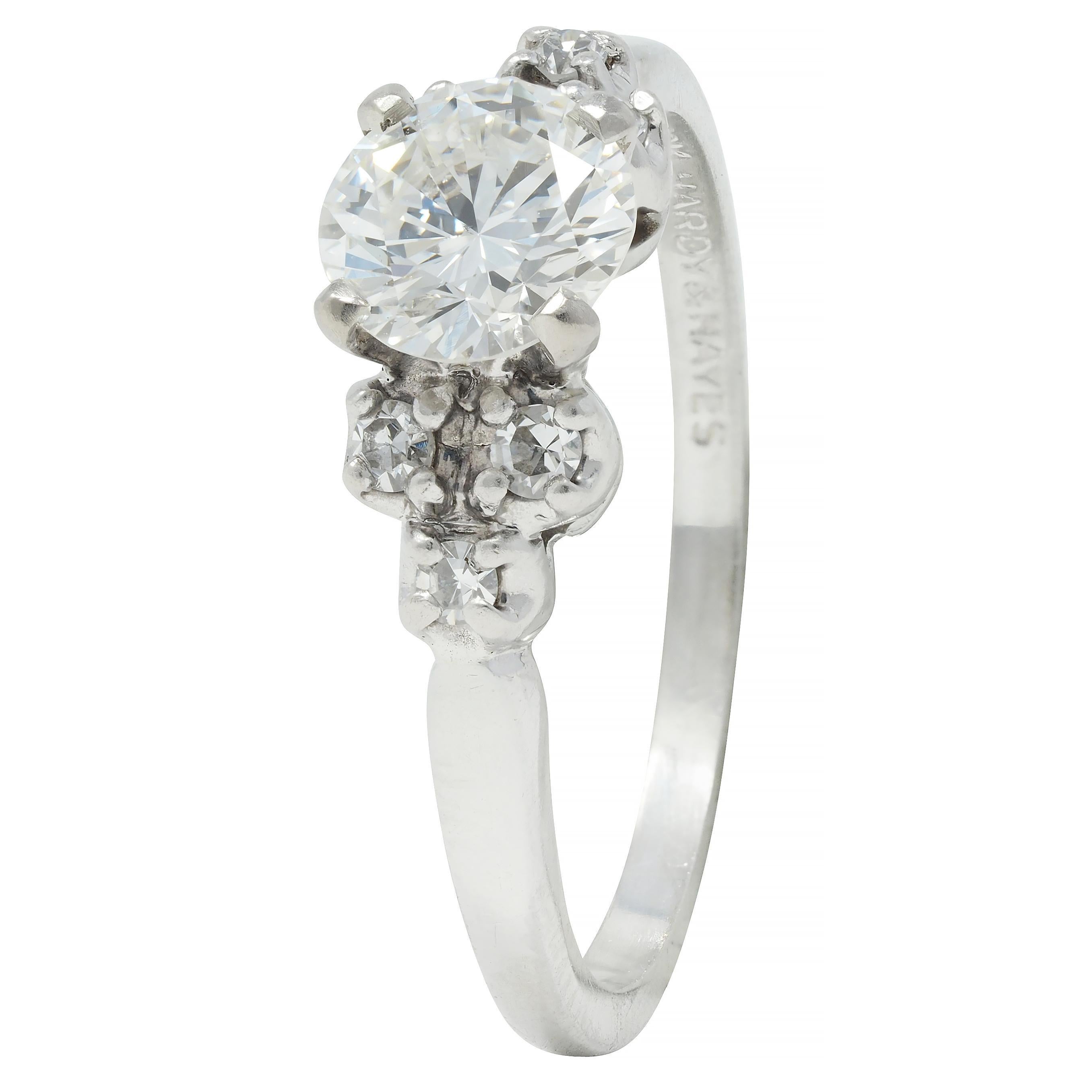Mid-Century .95 CTW Diamond 18 Karat White Gold Fishtail Vintage Engagement Ring For Sale 3