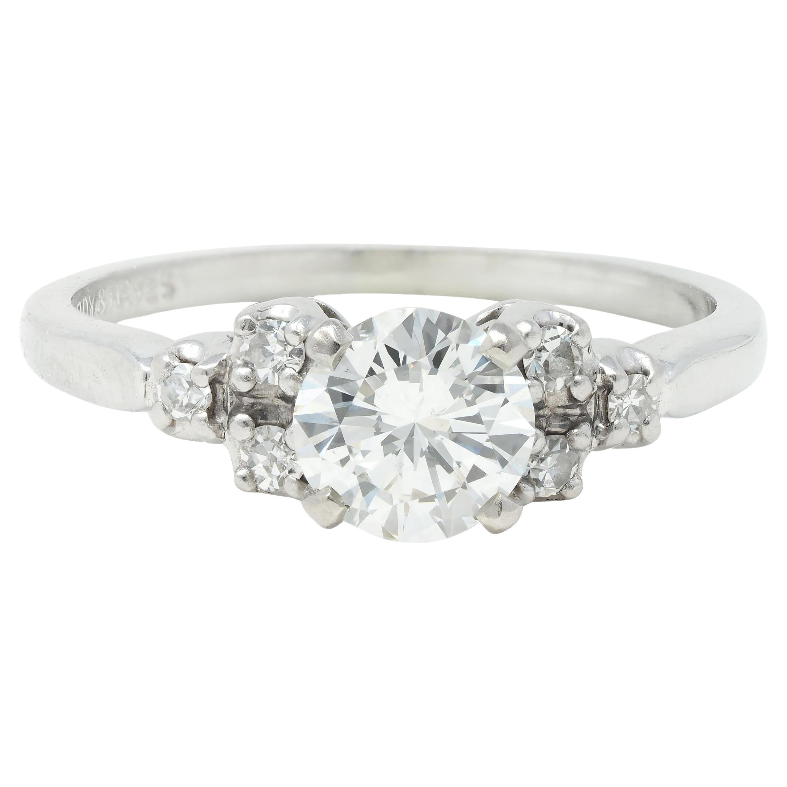Mid-Century .95 CTW Diamond 18 Karat White Gold Fishtail Vintage Engagement Ring For Sale