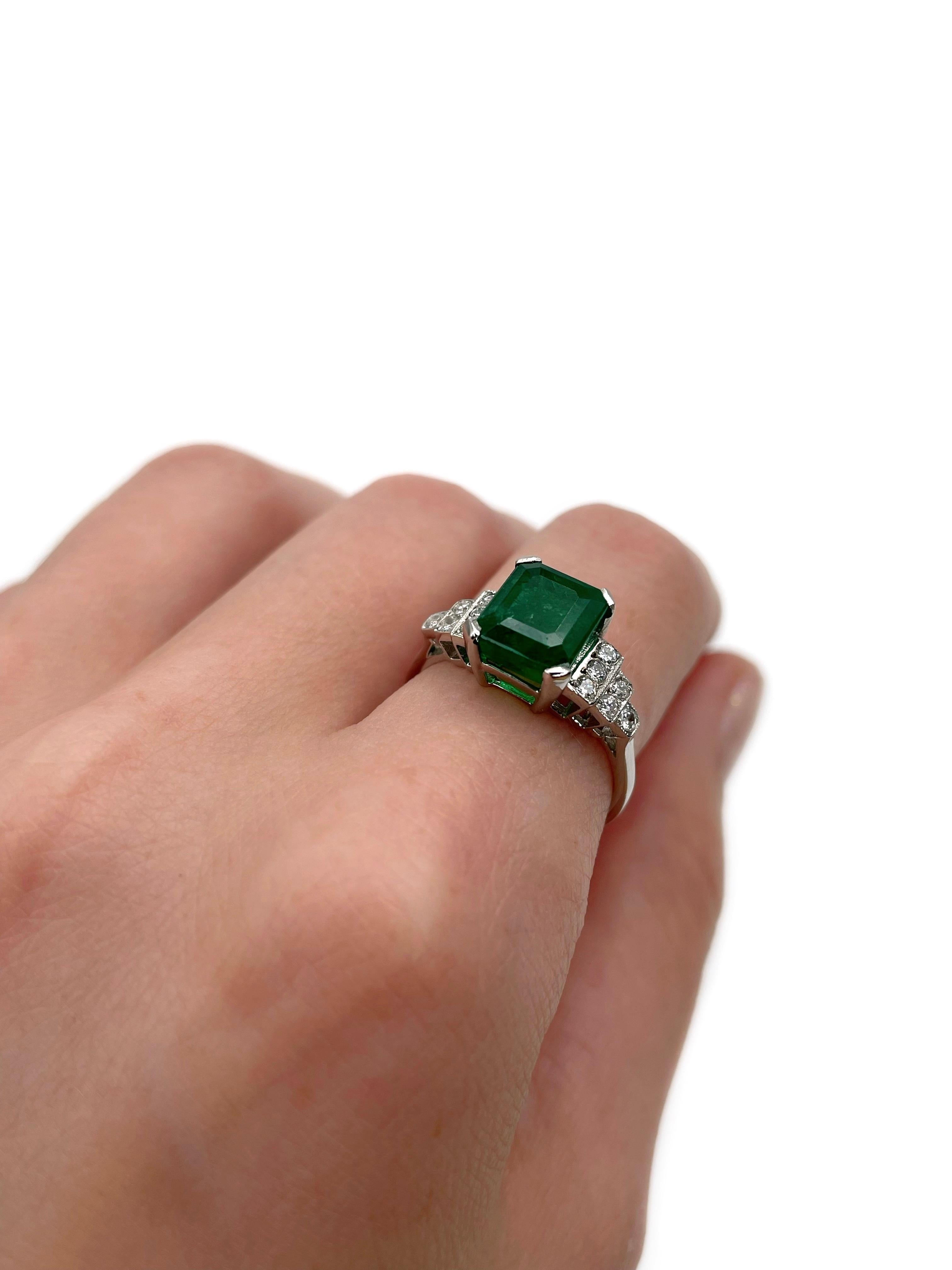 Mixed Cut Mid Century 950 Platinum 2.00 Carat Emerald 0.24 Carat Diamond Cocktail Ring For Sale