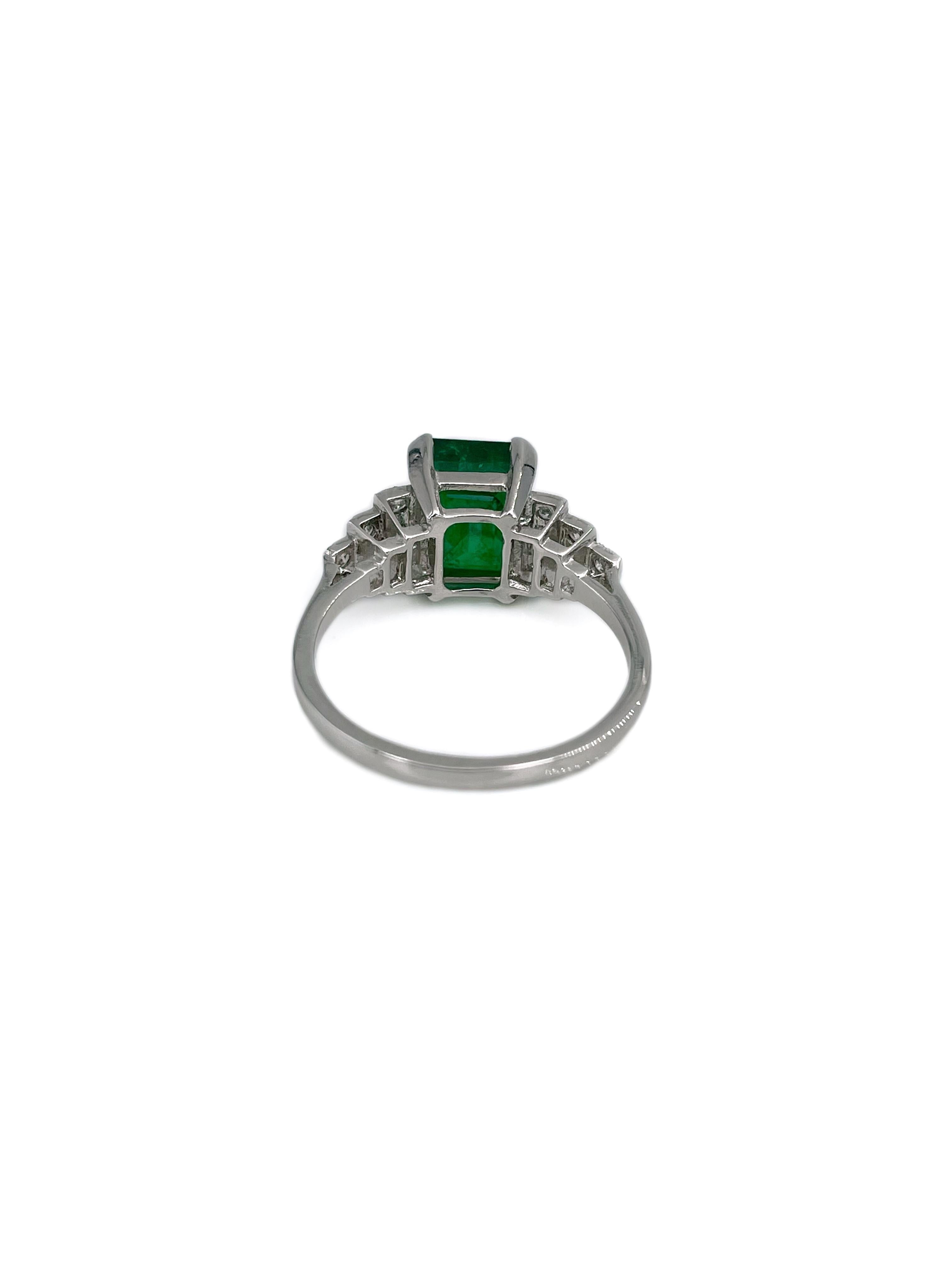 Women's or Men's Mid Century 950 Platinum 2.00 Carat Emerald 0.24 Carat Diamond Cocktail Ring For Sale