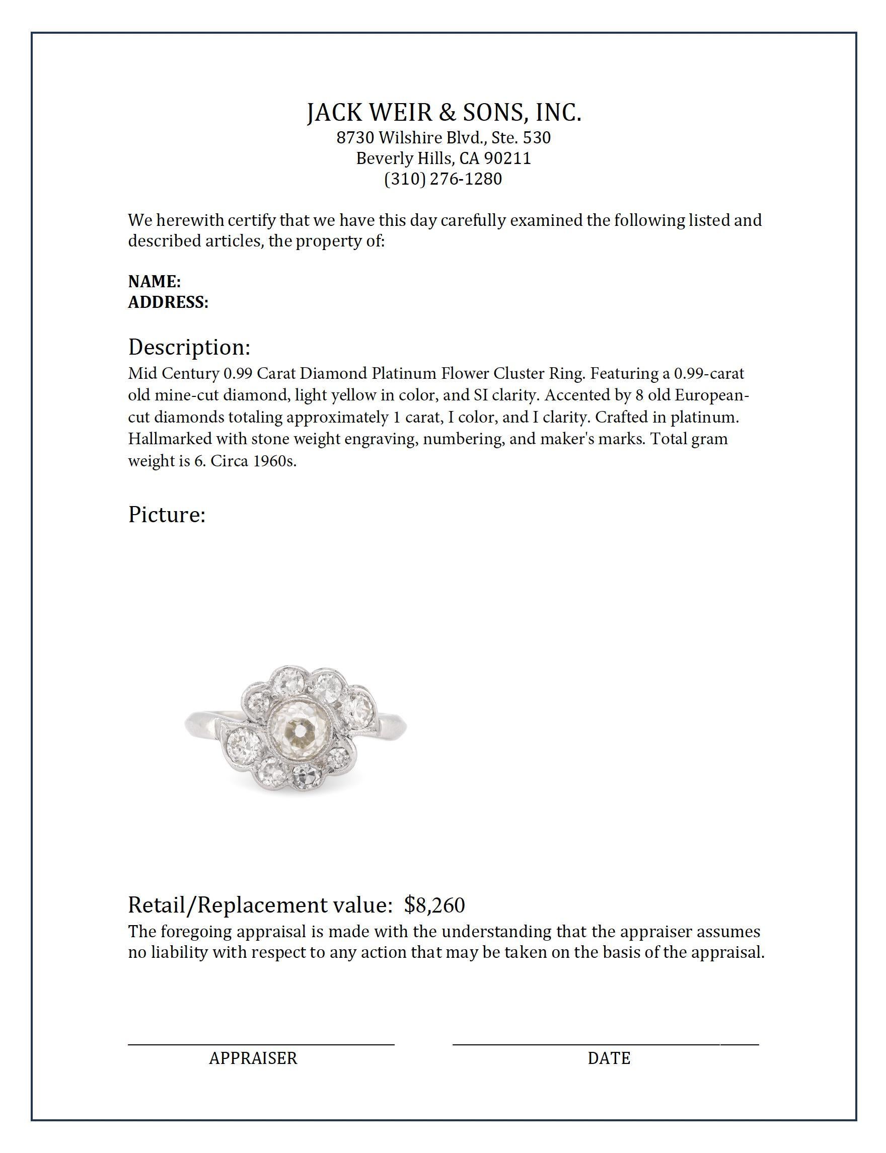 Mid Century .99 carat diamond platinum flower cluster ring In Excellent Condition For Sale In Beverly Hills, CA