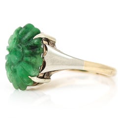 Mid century 9k Gold Carved Jadeite Flower Head Ring Circa 1960