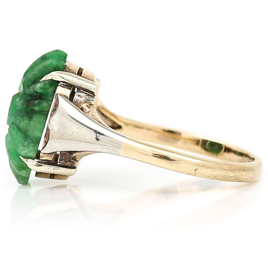Contemporary Mid century 9k Gold Carved Jadeite Flower Head Ring Circa 1960 For Sale
